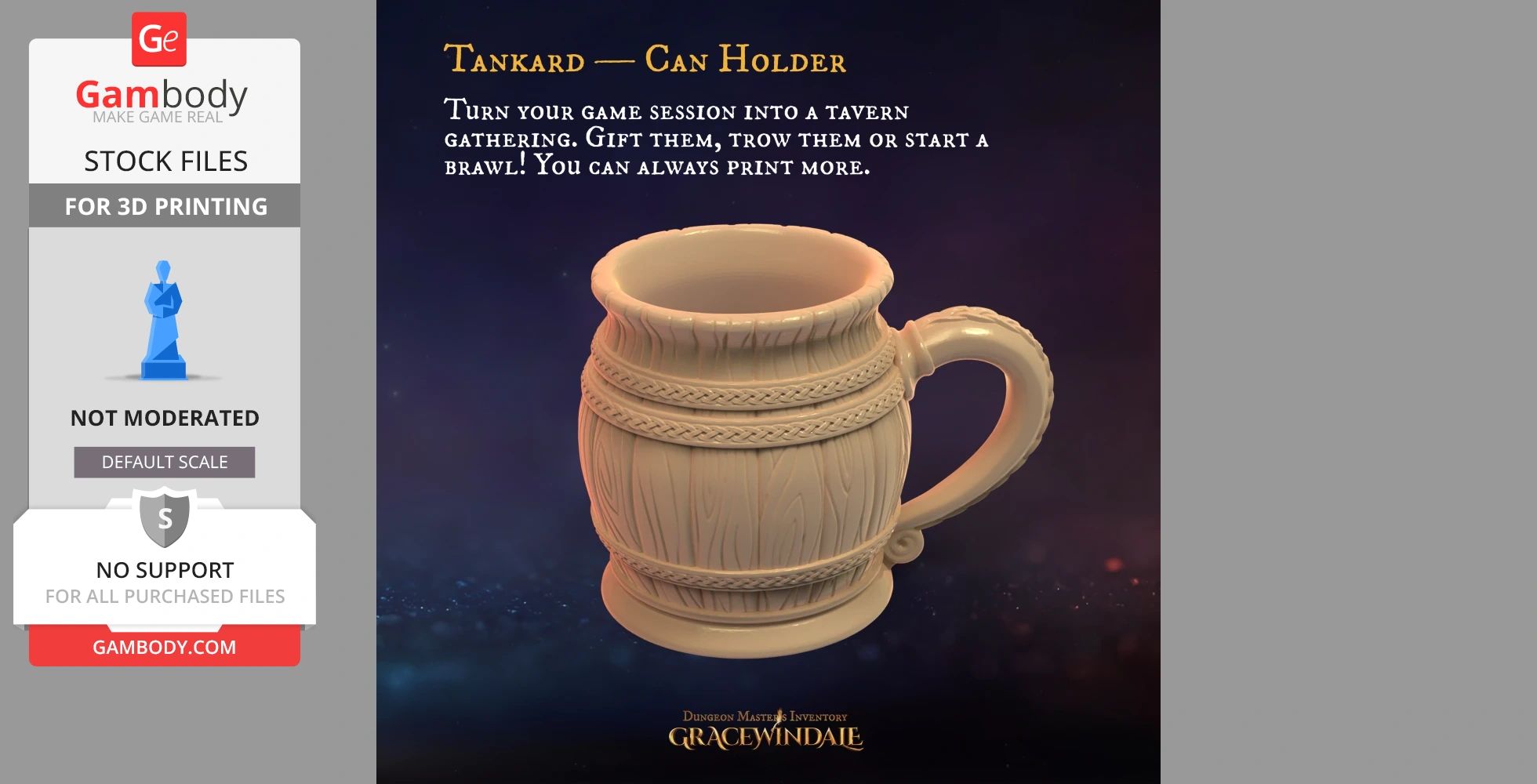 A detailed 3D model of a tankard mug with ornate patterns, designed to hold cans.