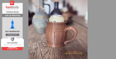A 3D-printed tankard can holder with intricate wood-like texture and braided design, holding a beverage can.