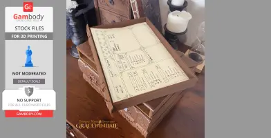 A 3D-printed Dungeon Master's case with detailed character sheets on a wooden table.