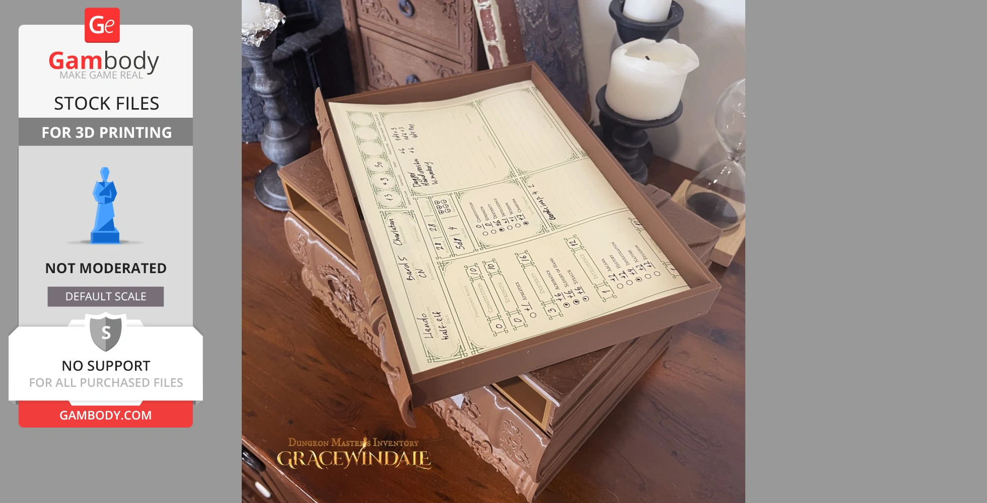 A detailed 3D-printed tabletop RPG player's case, with character sheets and ornate design elements.