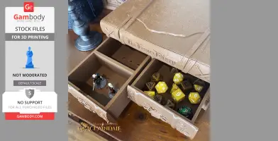 A detailed, book-shaped dice storage case with compartments for mini figures and dice.