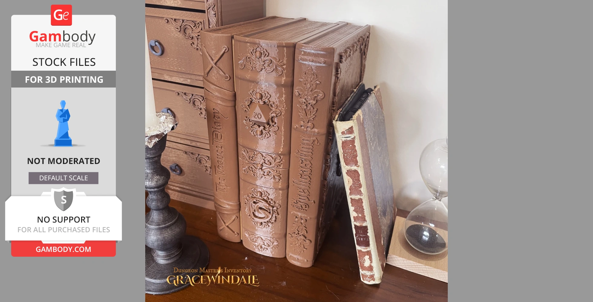 Bookshelf-styled storage case for tabletop RPG items, resembling vintage leather-bound books.