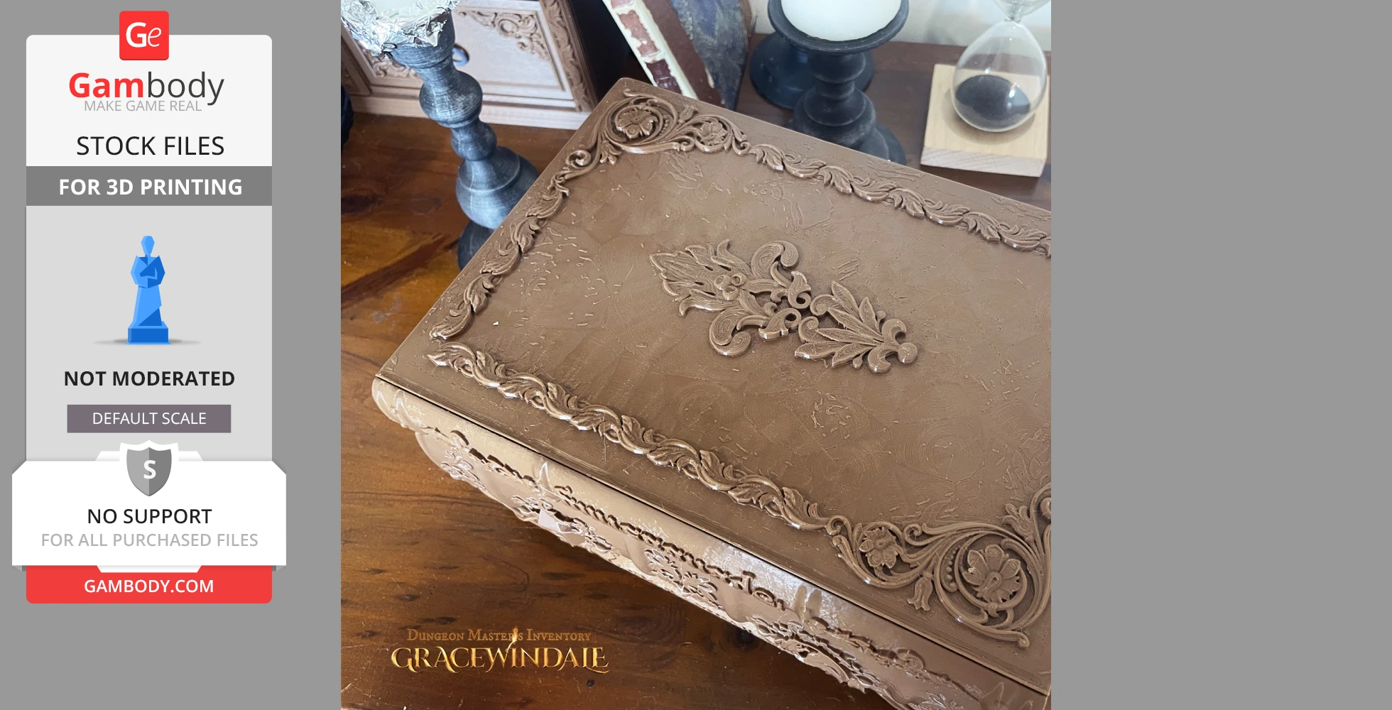 Elegantly carved, ornate brown case with floral designs on a wooden table, for tabletop games.