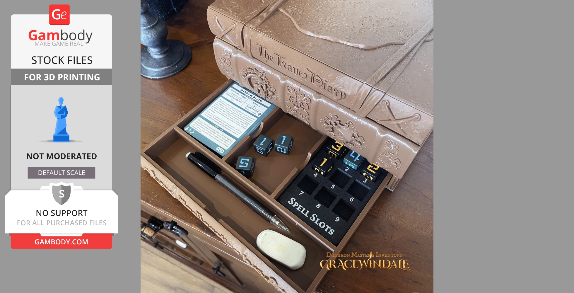 A detailed book-shaped storage case for tabletop RPG accessories, with dice and card compartments.