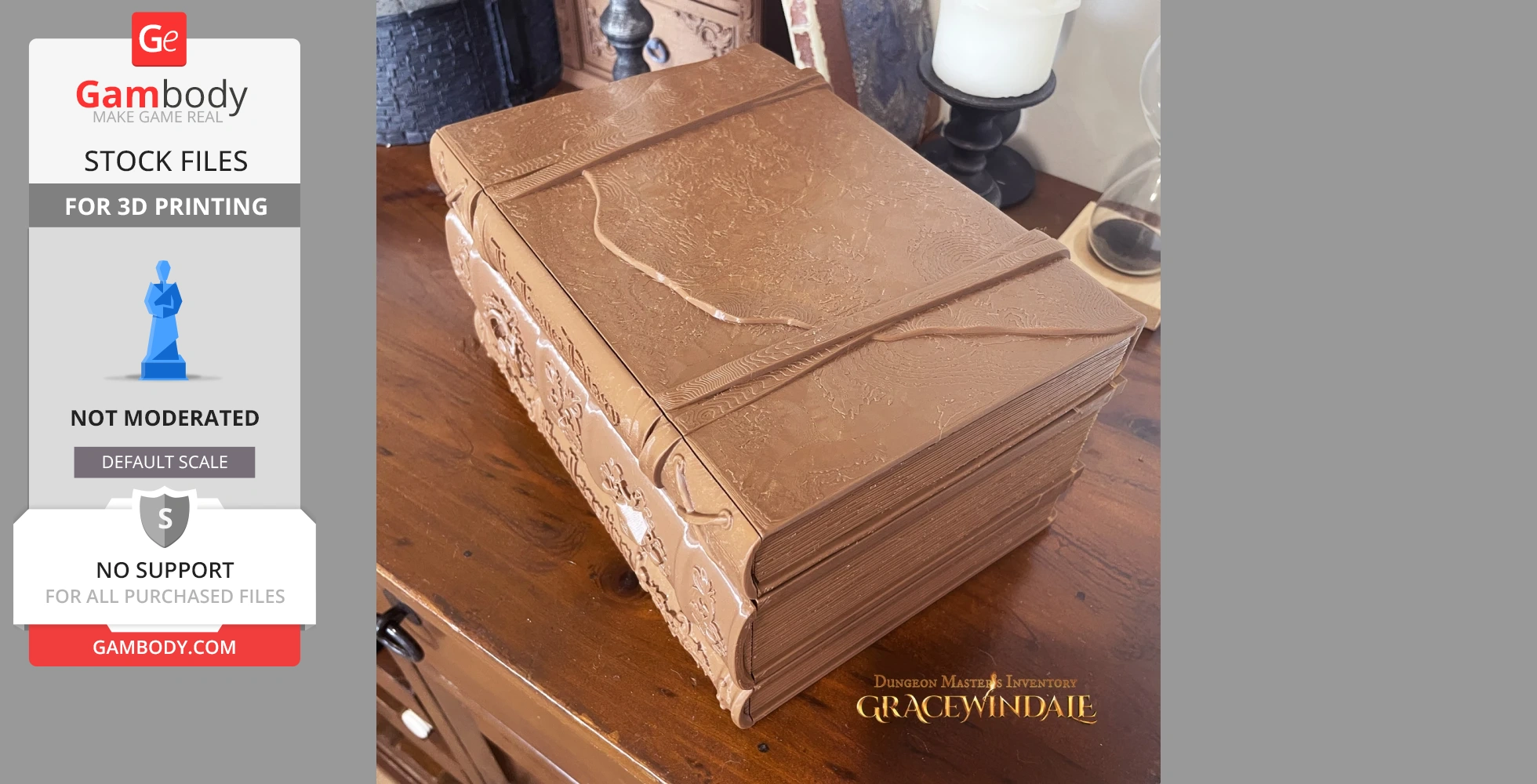 A decorative, book-shaped 3D-printed case on a wooden surface.