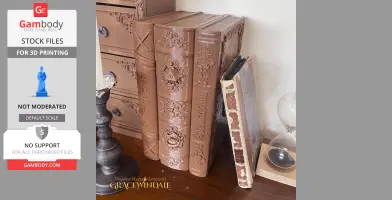 Elaborately designed 3D-printed book-shaped case on a shelf with an hourglass nearby.