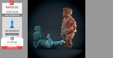 Two 3D-printed character models, one standing and one lying down, from the game 'It Takes Two.'