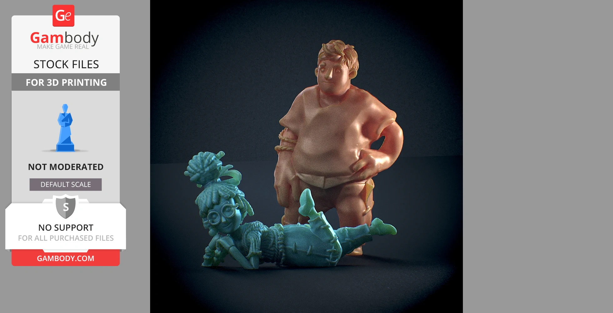 Two 3D models in playful poses for 3D printing—one standing, one lying down.