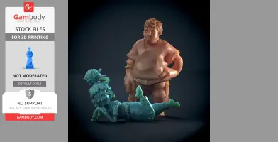 Two 3D models in playful poses for 3D printing—one standing, one lying down.