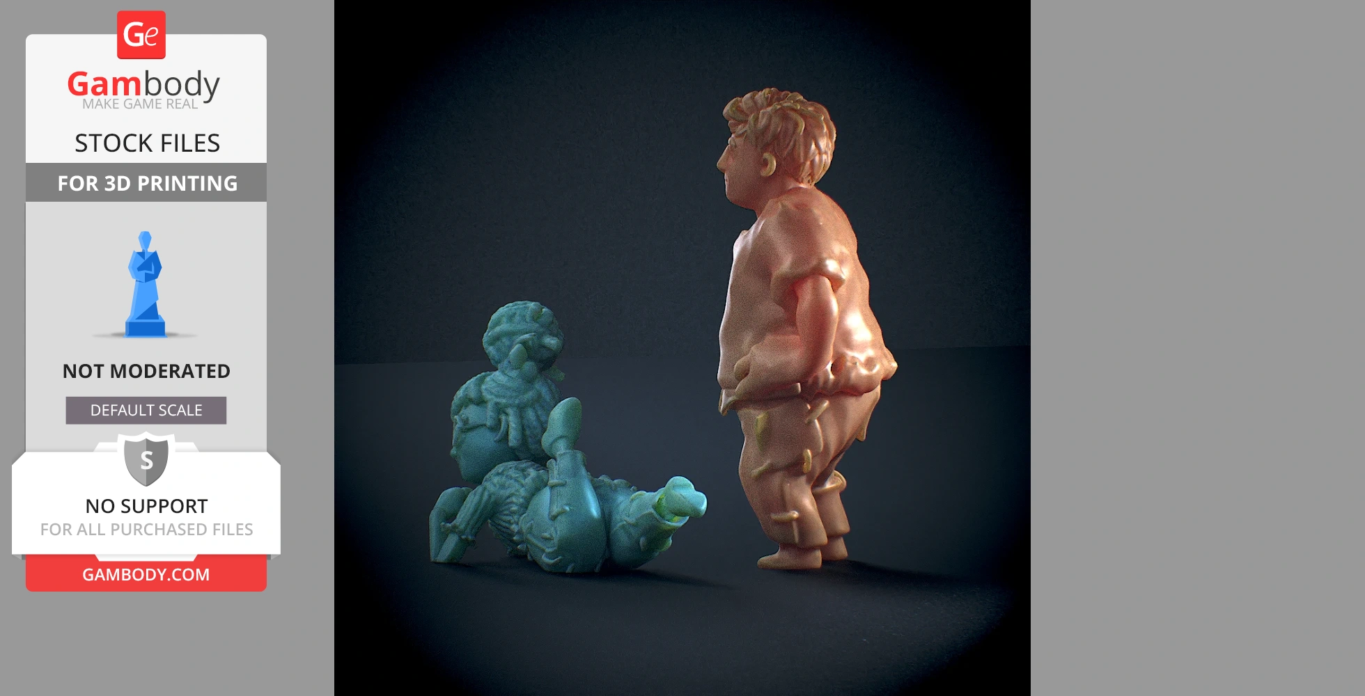 Two monochrome figures from 'It Takes Two' posed for 3D printing: one standing, one sitting.