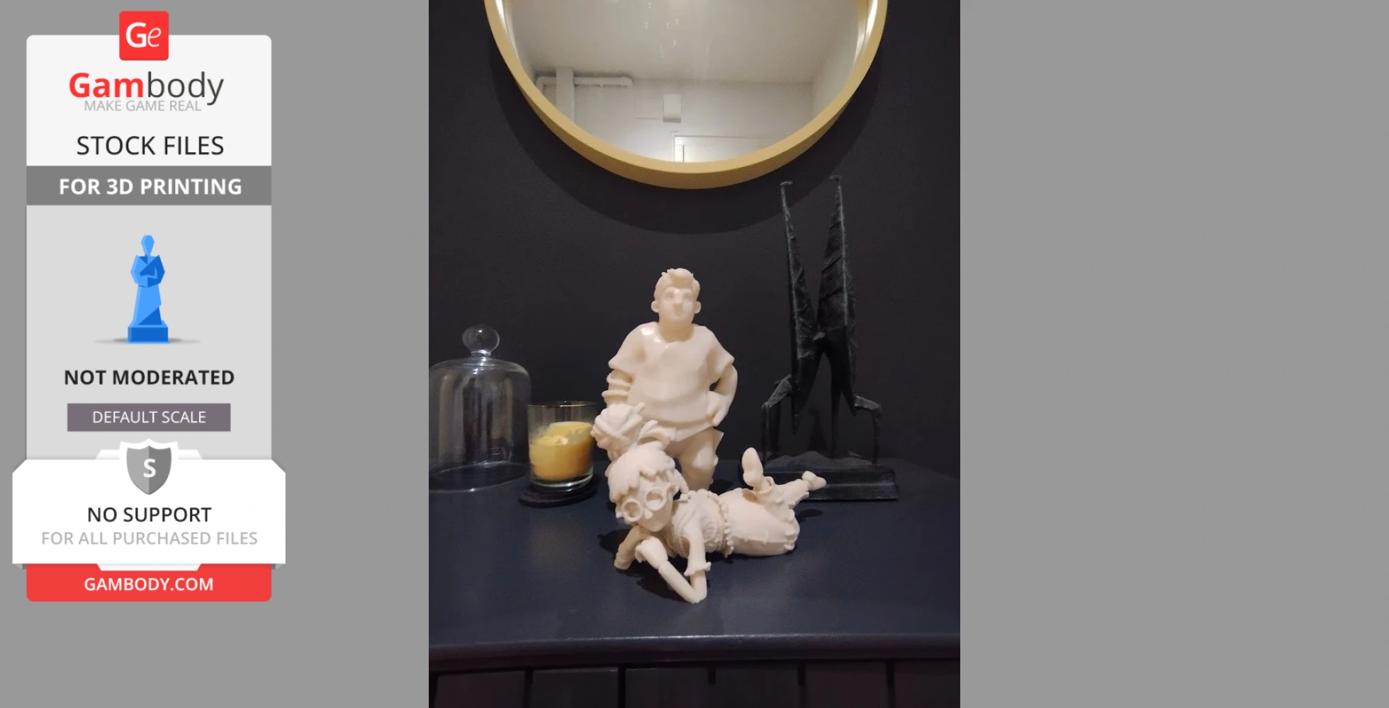 Two 3D-printed figurines from 'It Takes Two,' Cody standing and May lying down, displayed on a shelf.
