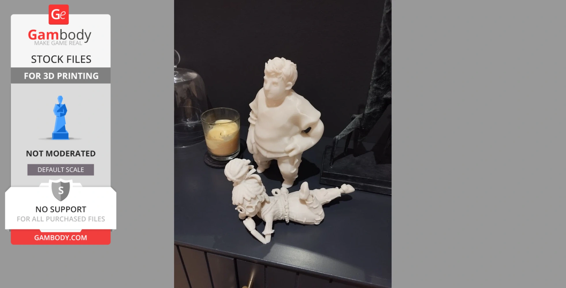 A sculpted 3D print of two cartoonish characters from a video game, posed on a table.