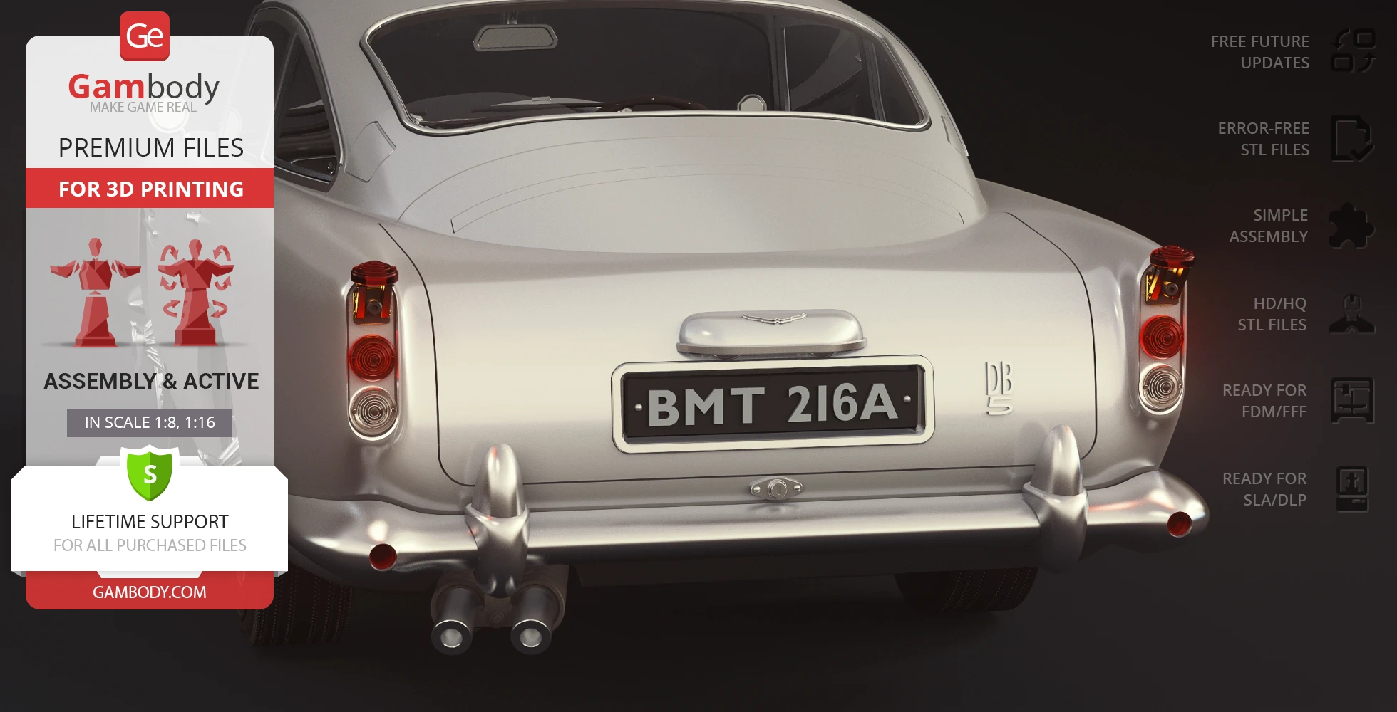 Rear view of a classic silver Aston Martin DB5 with license plate BMT 216A, designed for 3D printing.