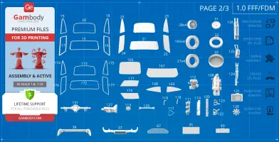 Blueprint layout of Aston Martin DB5 parts for 3D printing, with various labeled components.