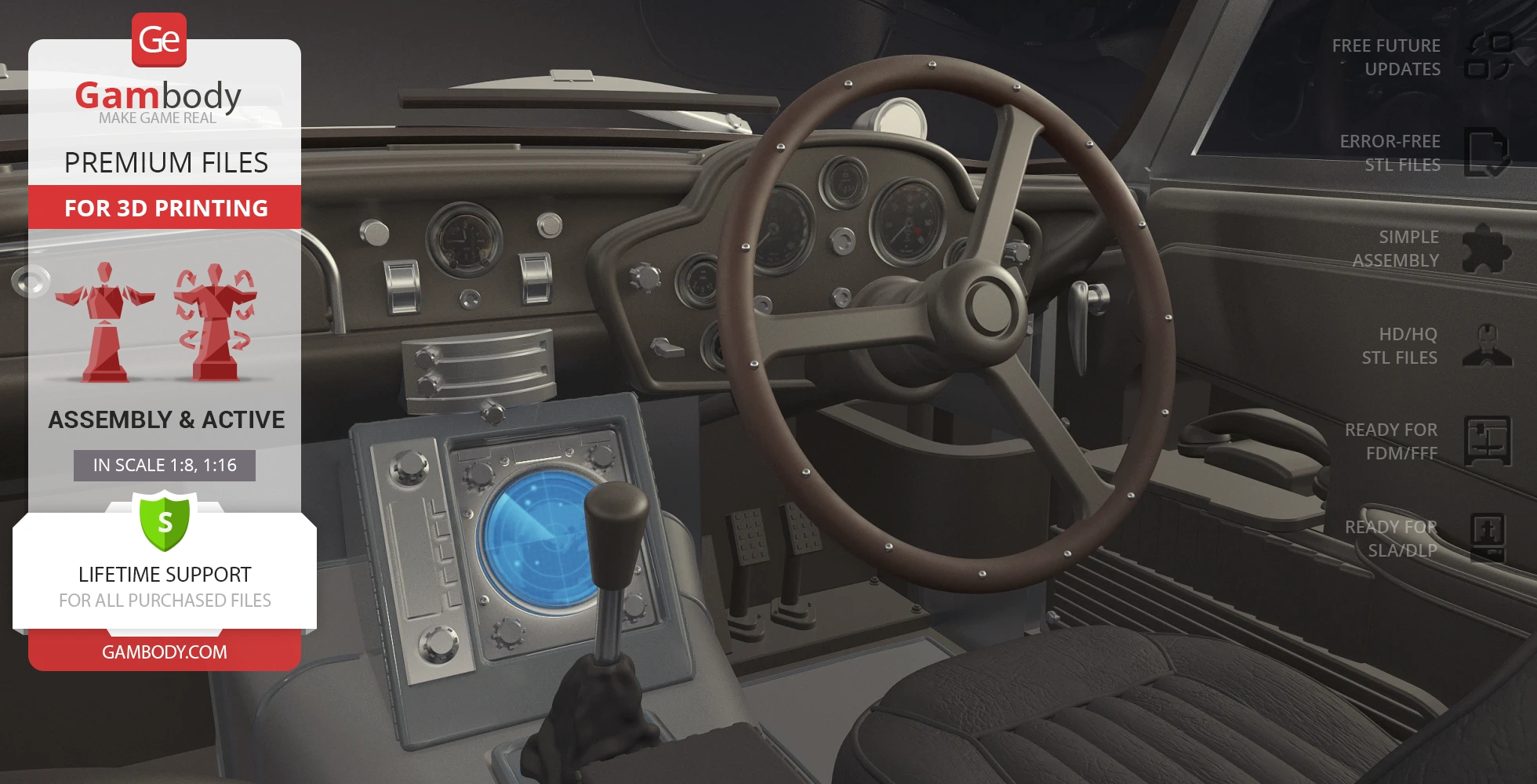 Detailed 3D model of James Bond's Aston Martin DB5 interior for 3D printing.