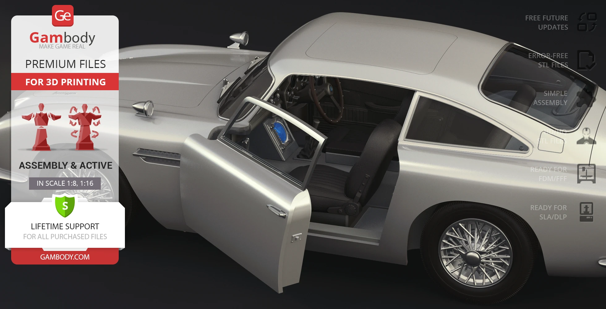 3D model of James Bond's Aston Martin DB5, showcasing an open driver-side door.