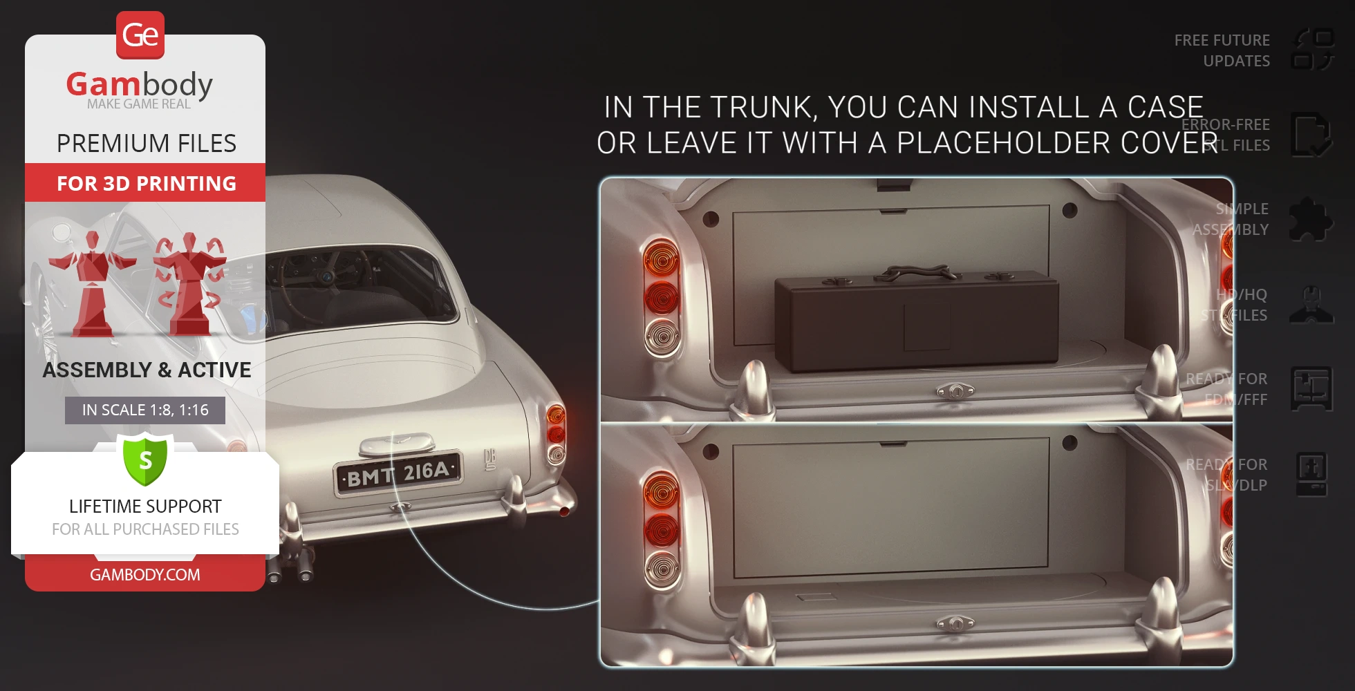 3D printable model of James Bond's Aston Martin DB5 trunk, featuring an optional case.