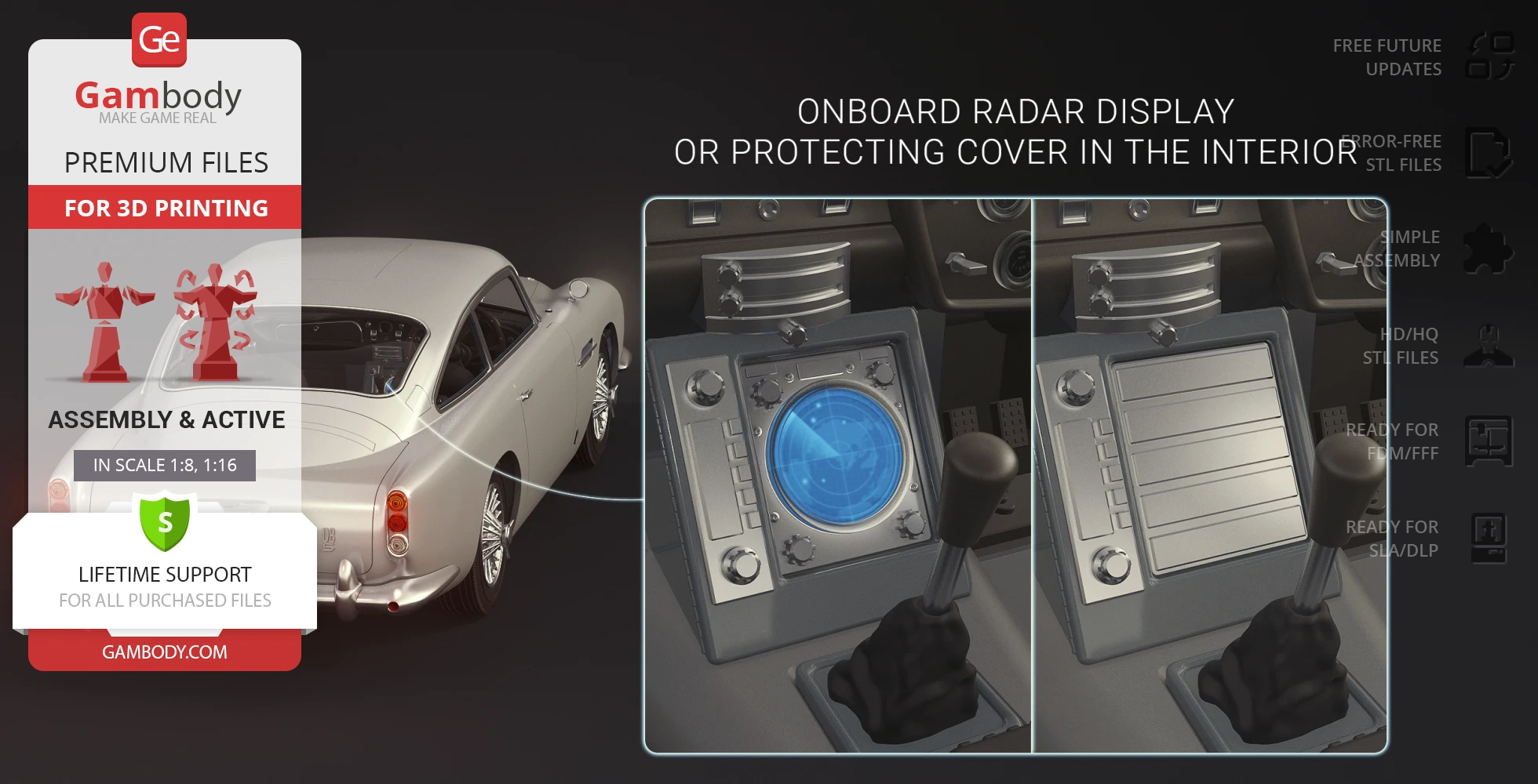 3D model of James Bond's Aston Martin DB5, showcasing the radar display and interior details for printing.