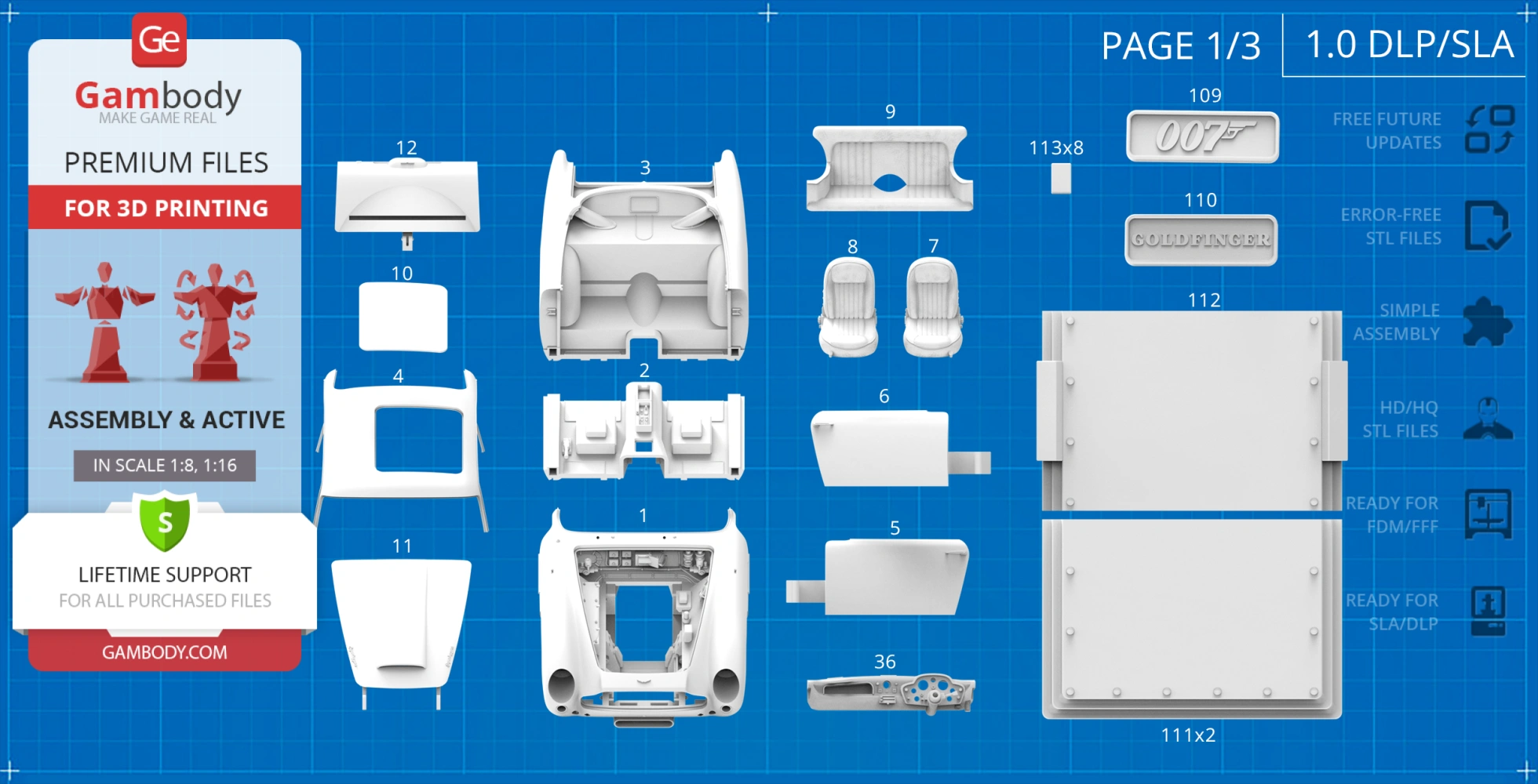 Labeled 3D print parts of James Bond's Aston Martin DB5 model, arranged on a blueprint background.