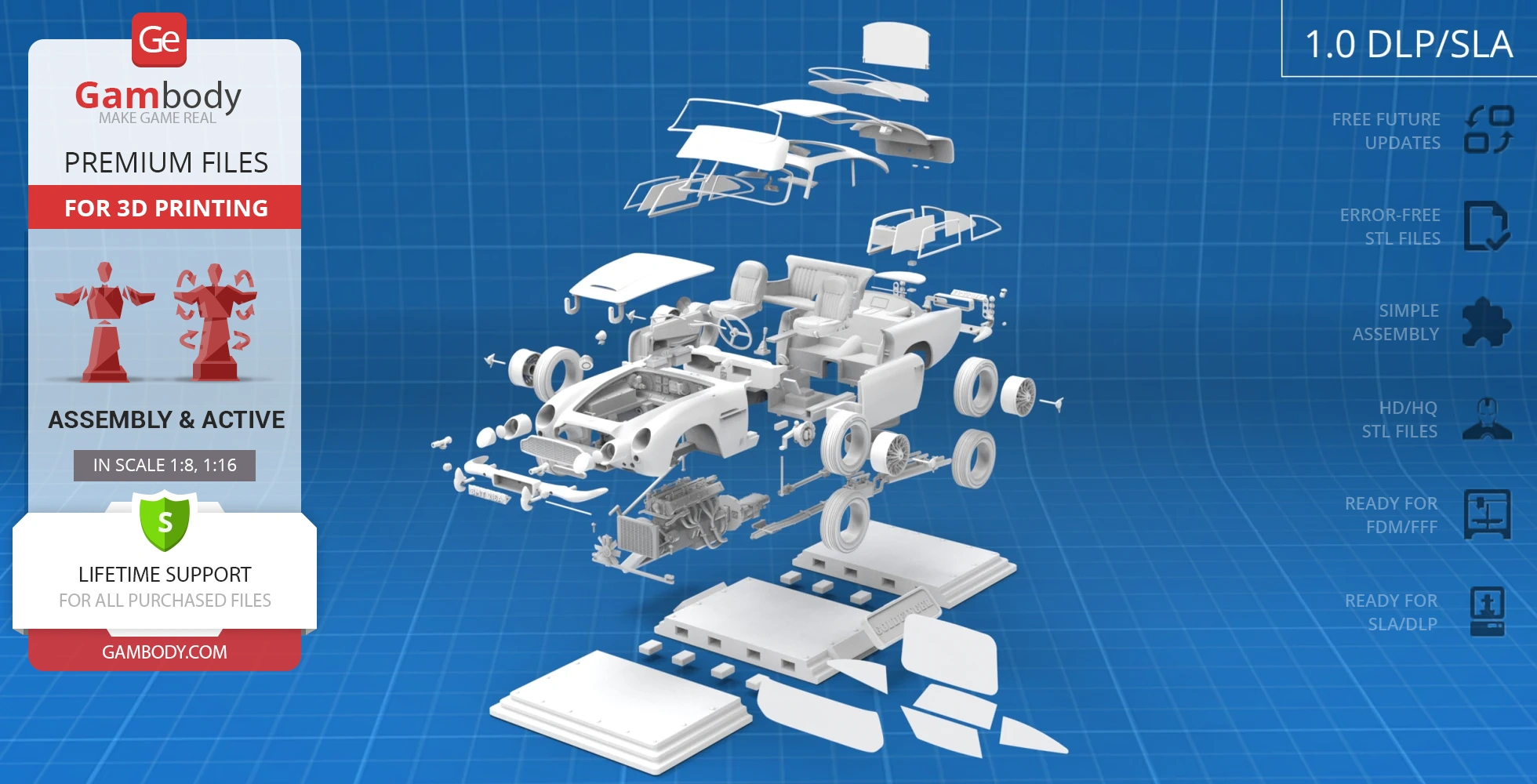 Exploded view of Aston Martin DB5 3D print model parts on a blue grid background.
