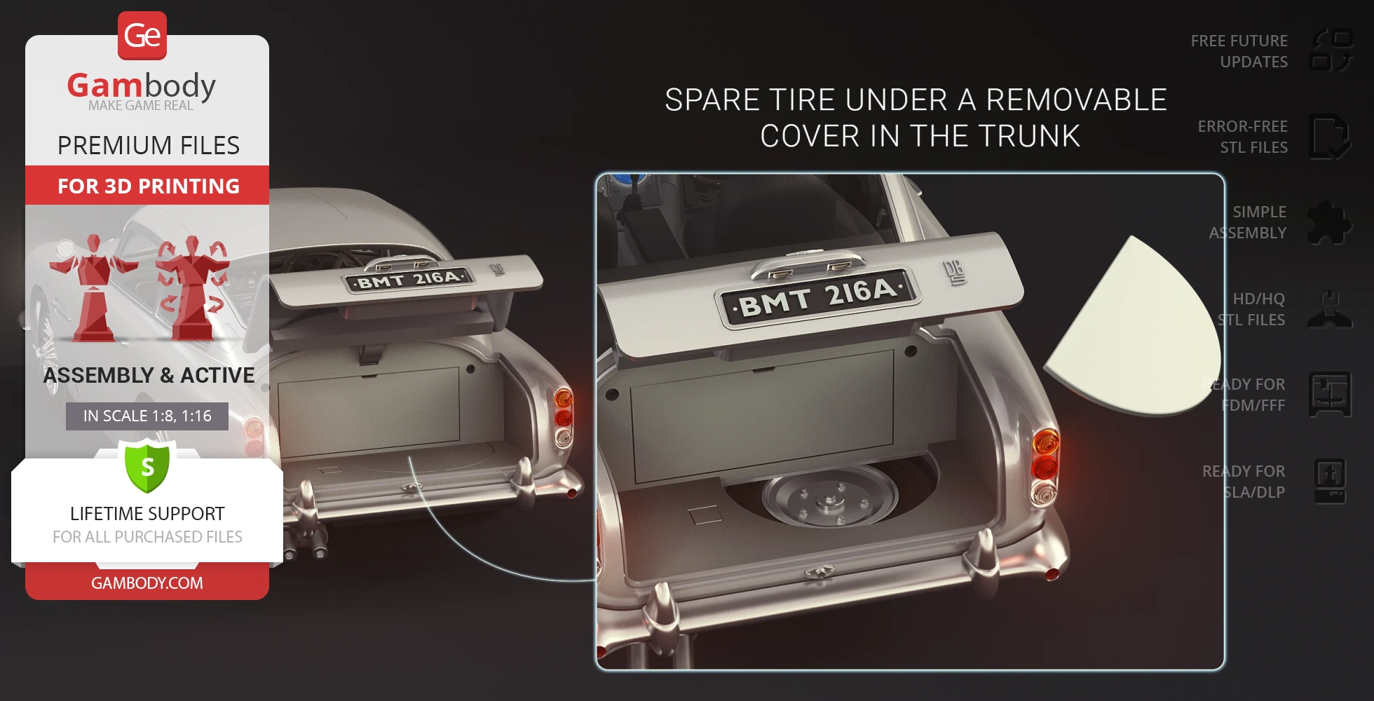 3D model of James Bond's Aston Martin DB5 trunk with spare tire detail, ready for printing.