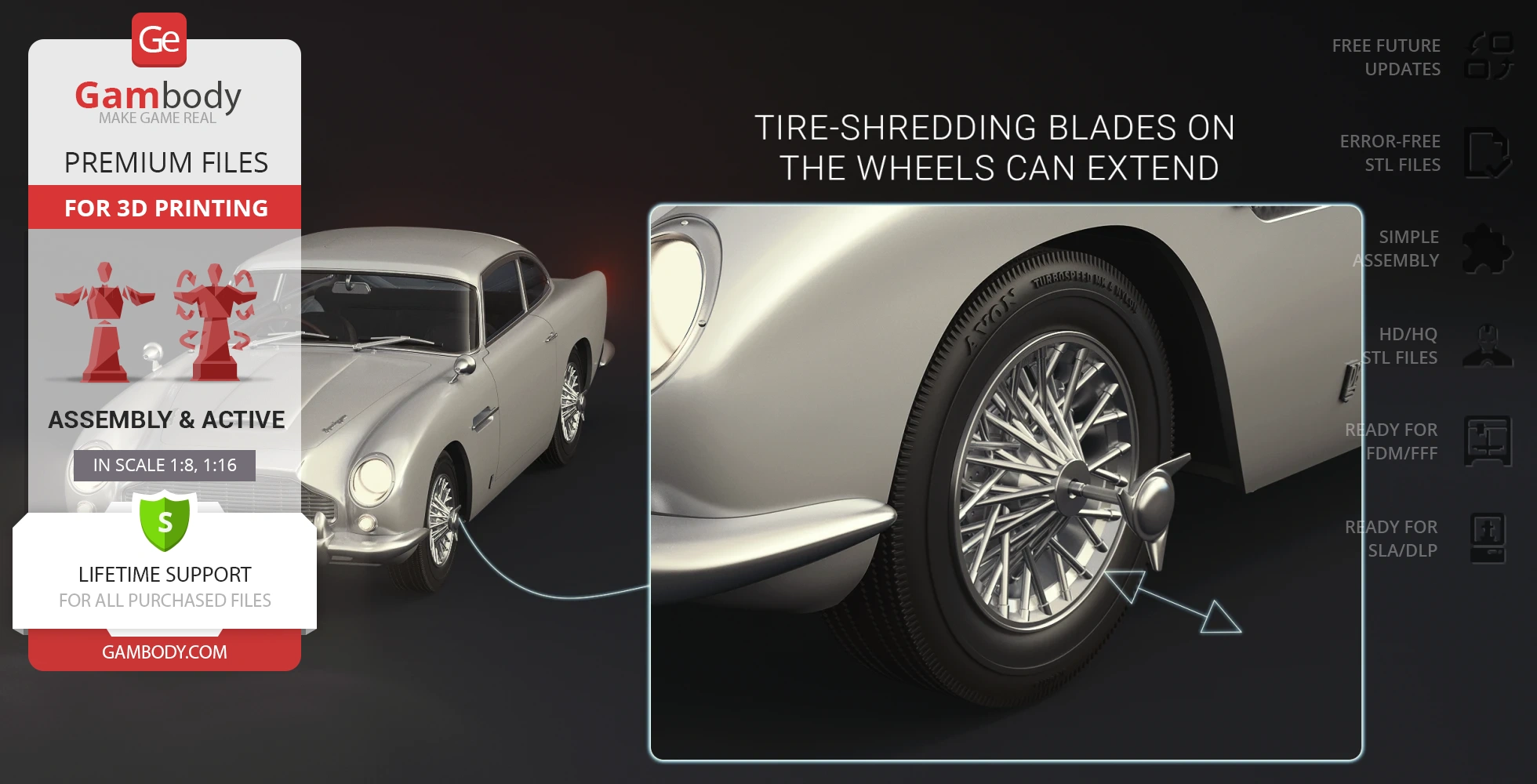 3D print model of the Aston Martin DB5 with extendable tire-shredding blades showcased.