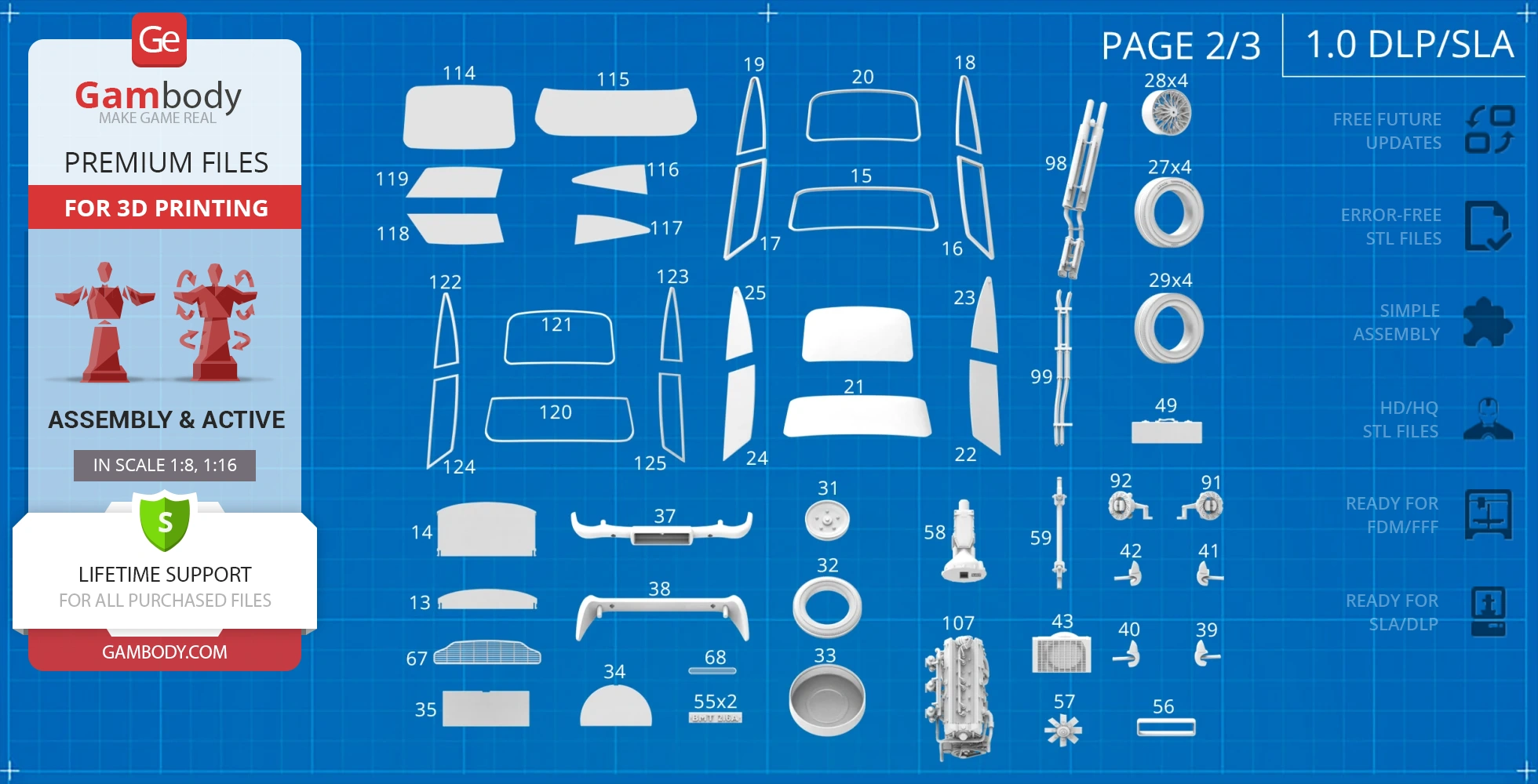 Blueprint-style layout of Aston Martin DB5 3D print parts, organized with labels and quantities.