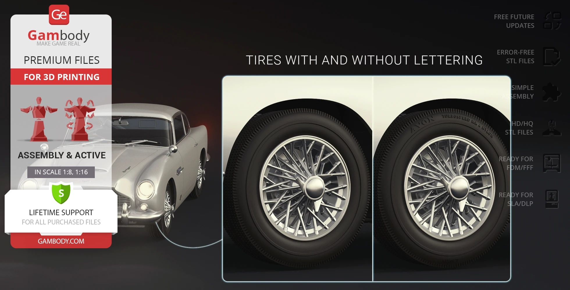 3D print model of James Bond's Aston Martin DB5 with detailed tire options, assembly instructions included.