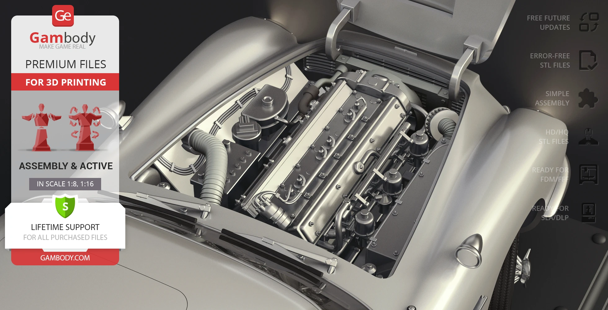 3D model of James Bond's Aston Martin DB5 engine, designed for 3D printing, showing detailed parts.