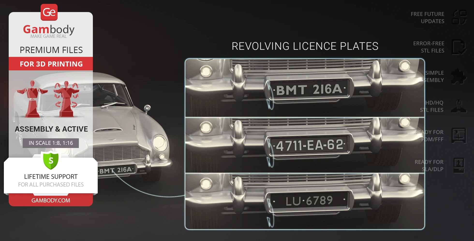 3D model of James Bond's Aston Martin DB5 with revolving license plates showcased for 3D printing.