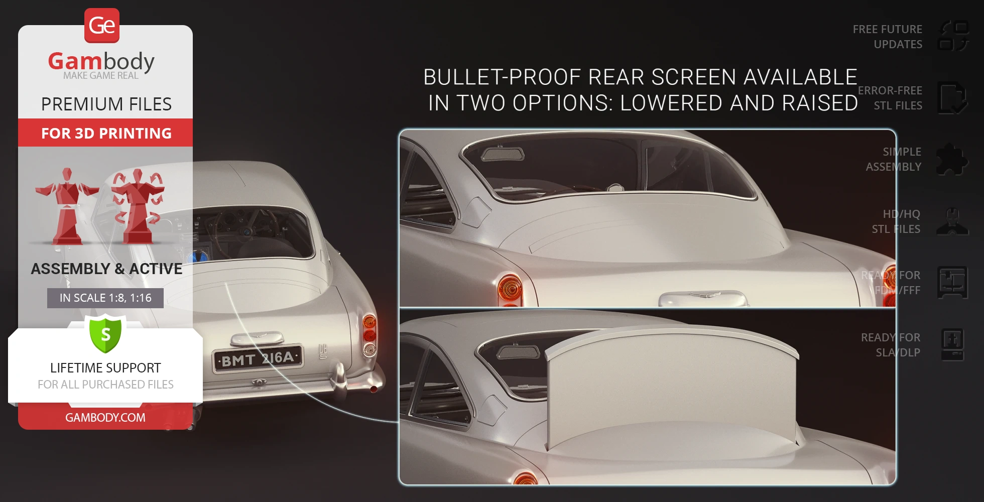 3D model of James Bond's Aston Martin DB5 with adjustable bullet-proof rear screen.