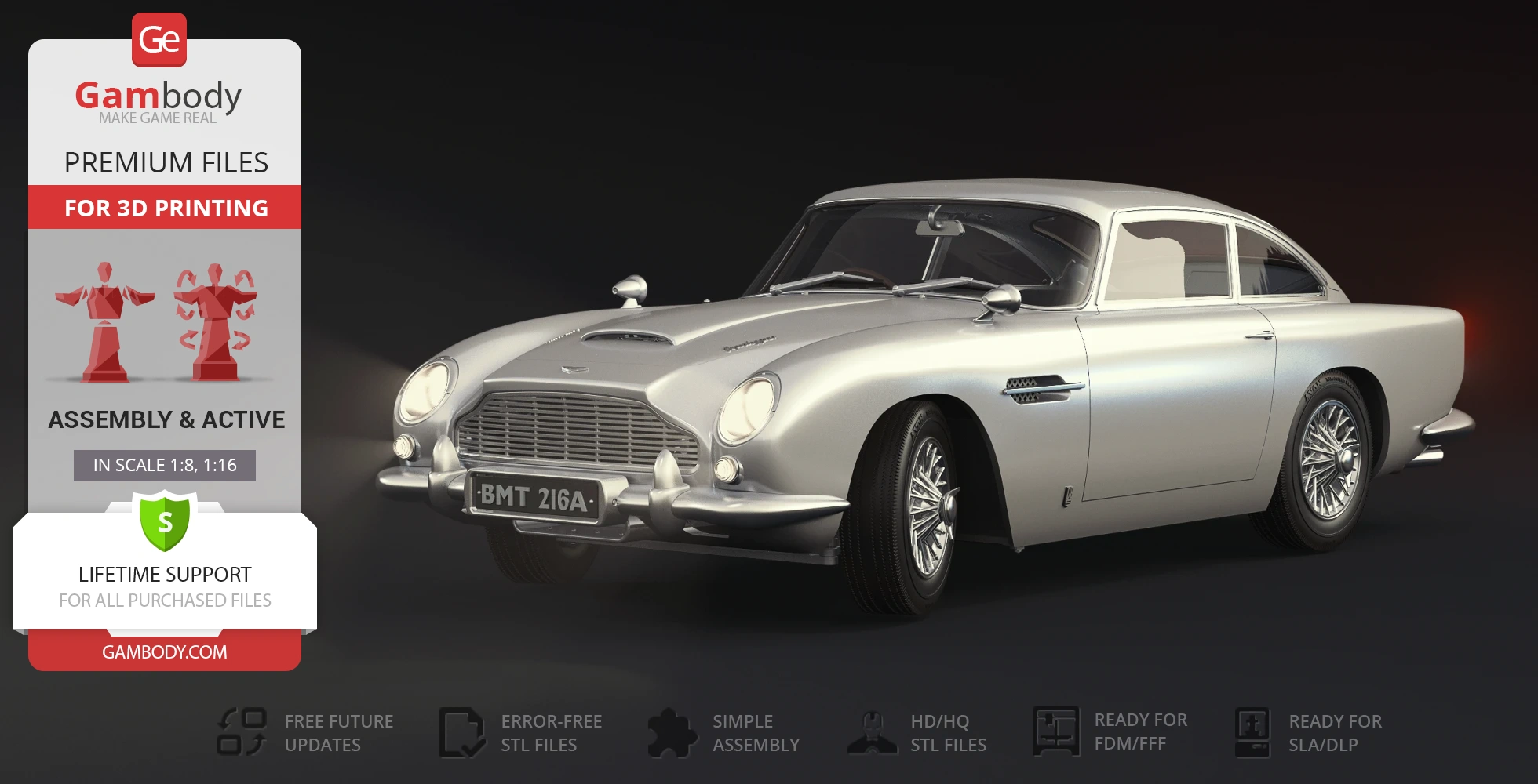 3D model of James Bond's silver Aston Martin DB5, ready for 3D printing, displayed on Gambody.