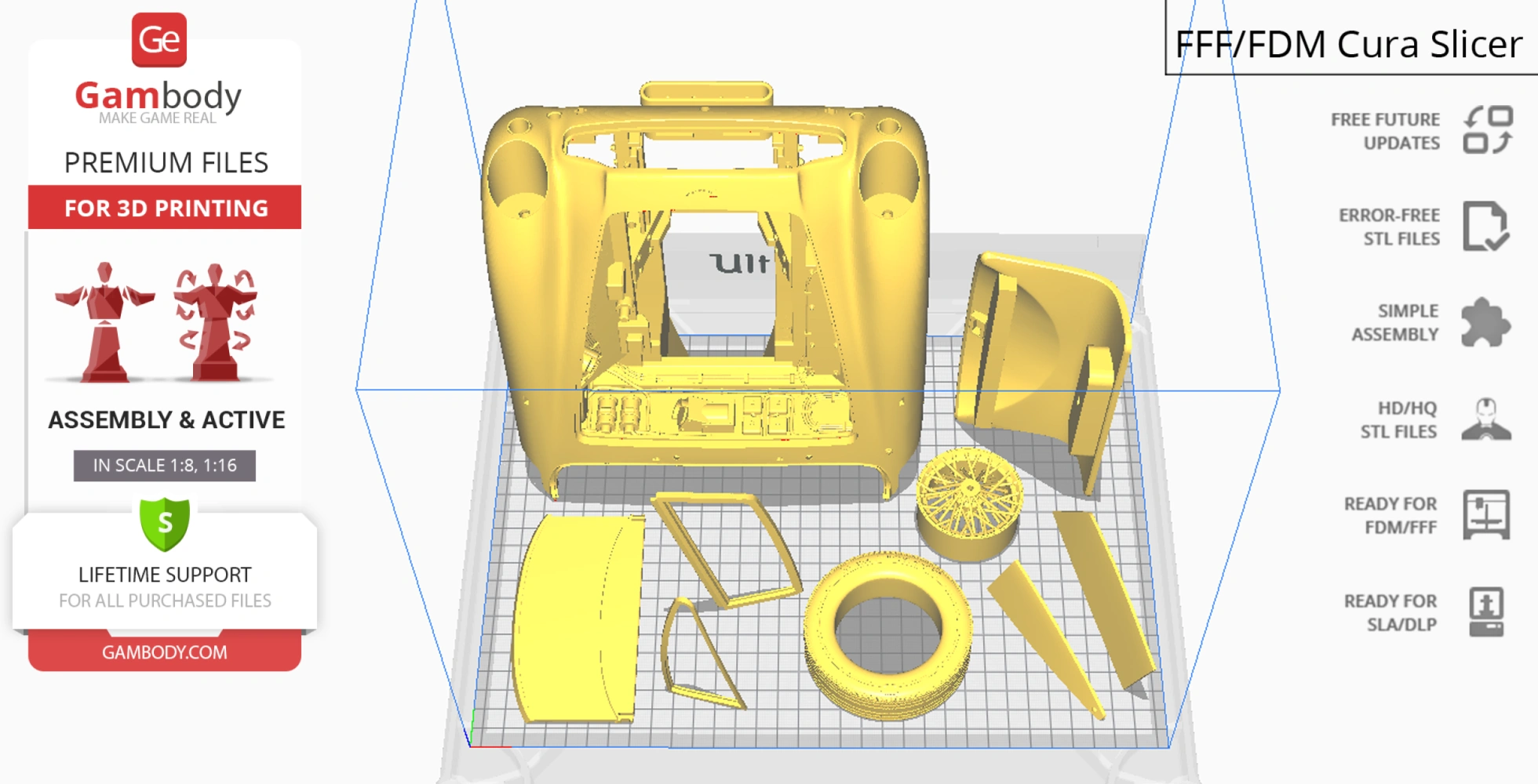 3D printed parts for assembling James Bond's Aston Martin DB5, shown in a Cura slicer preview.
