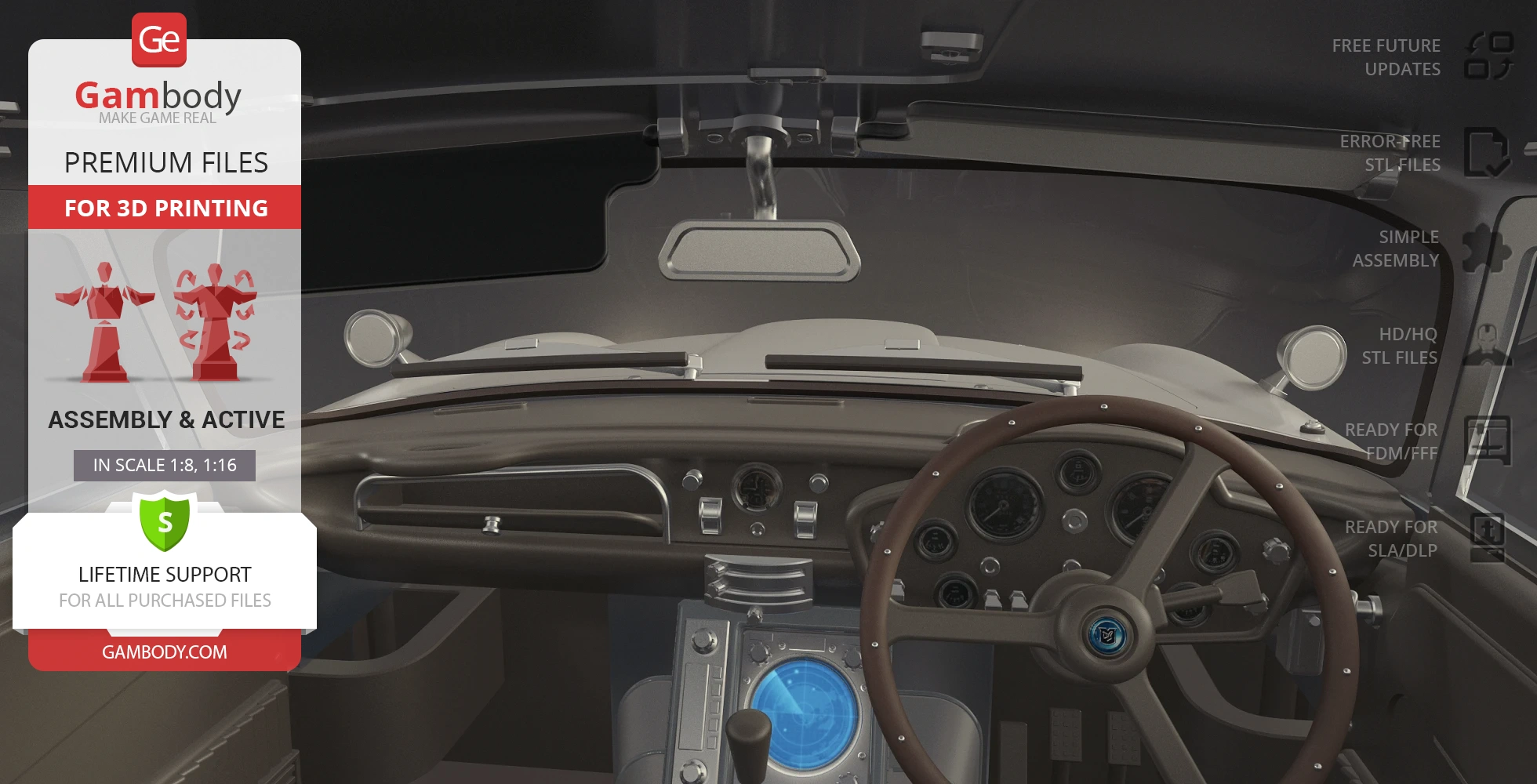 Interior view of James Bond's Aston Martin DB5 dashboard for 3D printing by Gambody.
