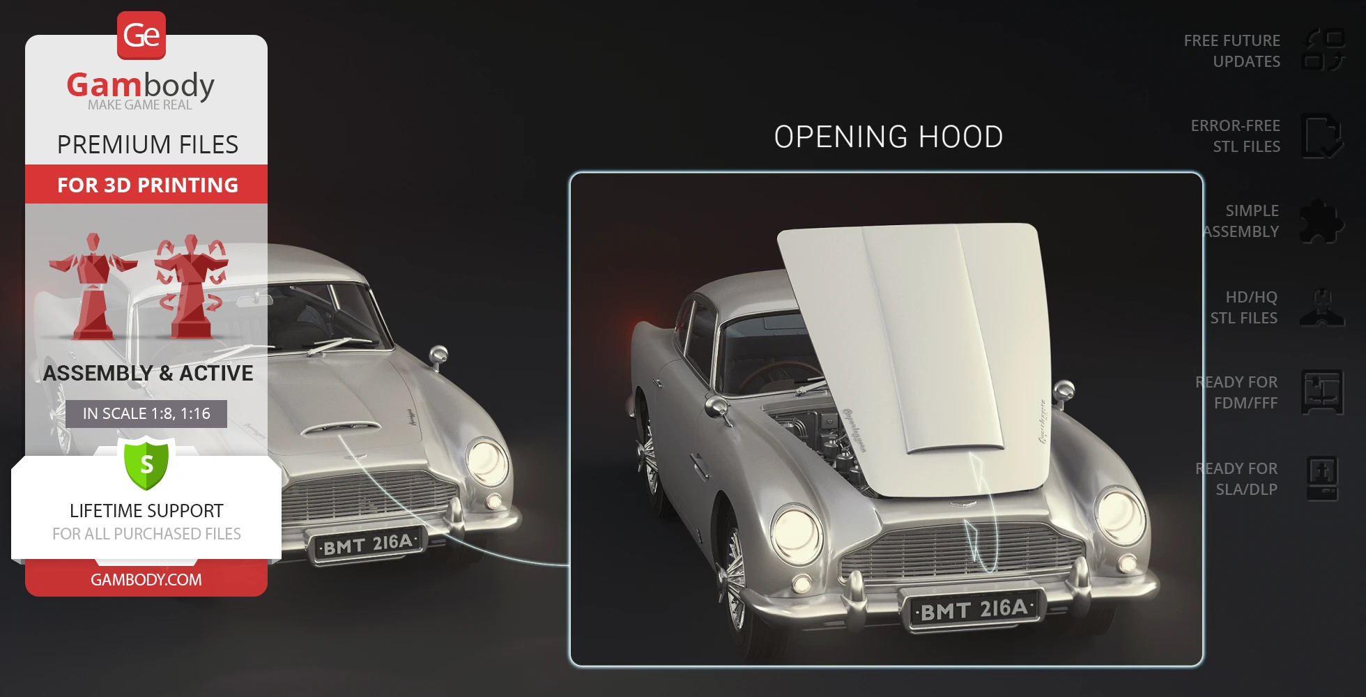 3D model of a classic silver Aston Martin DB5 with an opening hood for 3D printing.