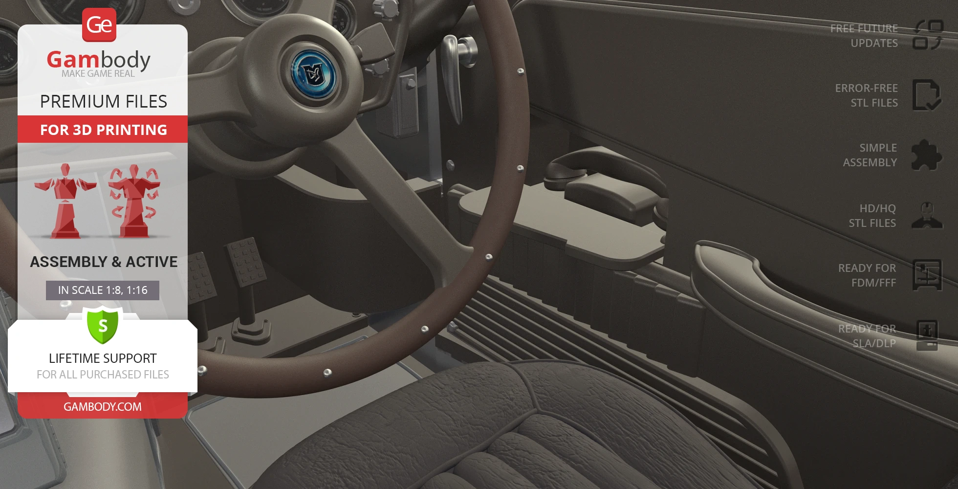 Close-up of a detailed 3D model of James Bond's Aston Martin DB5 interior for printing.
