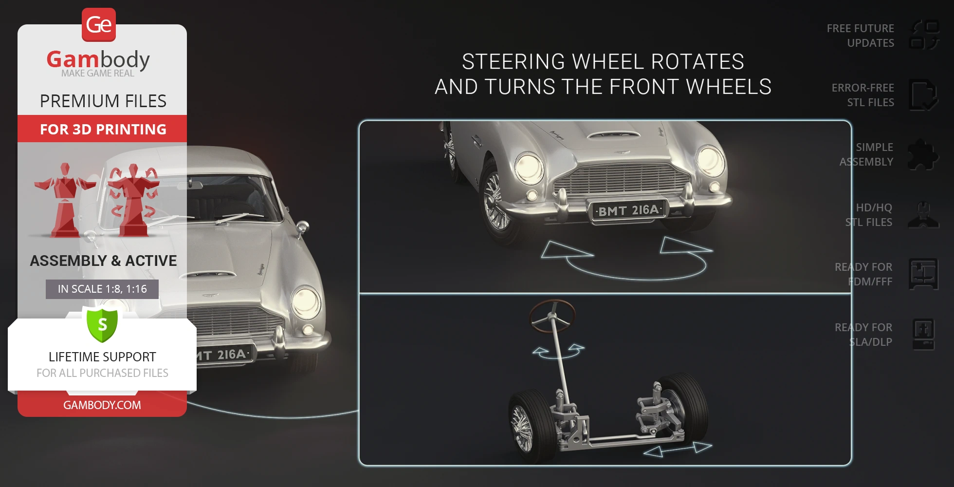 3D print files for James Bond's Aston Martin DB5, featuring rotating steering wheel and movable wheels.