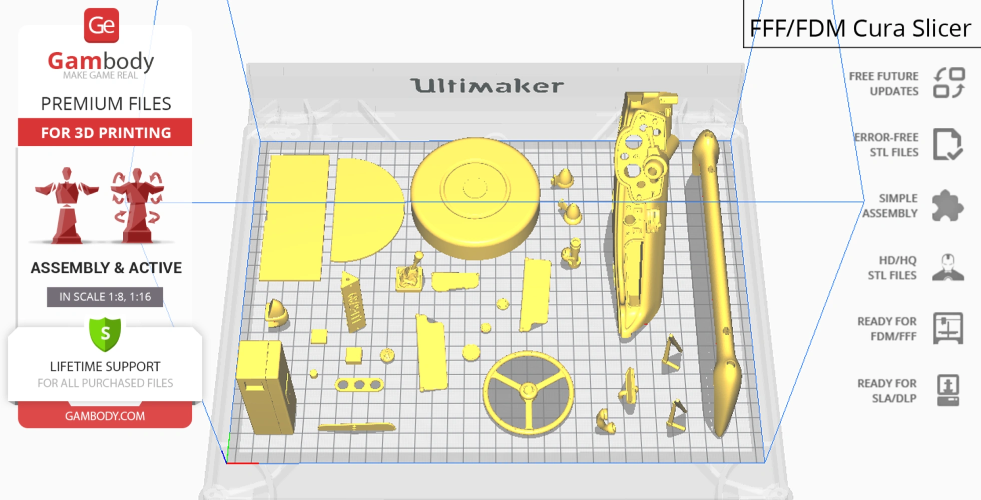 3D printing layout for James Bond's Aston Martin DB5 model, with various car parts displayed.