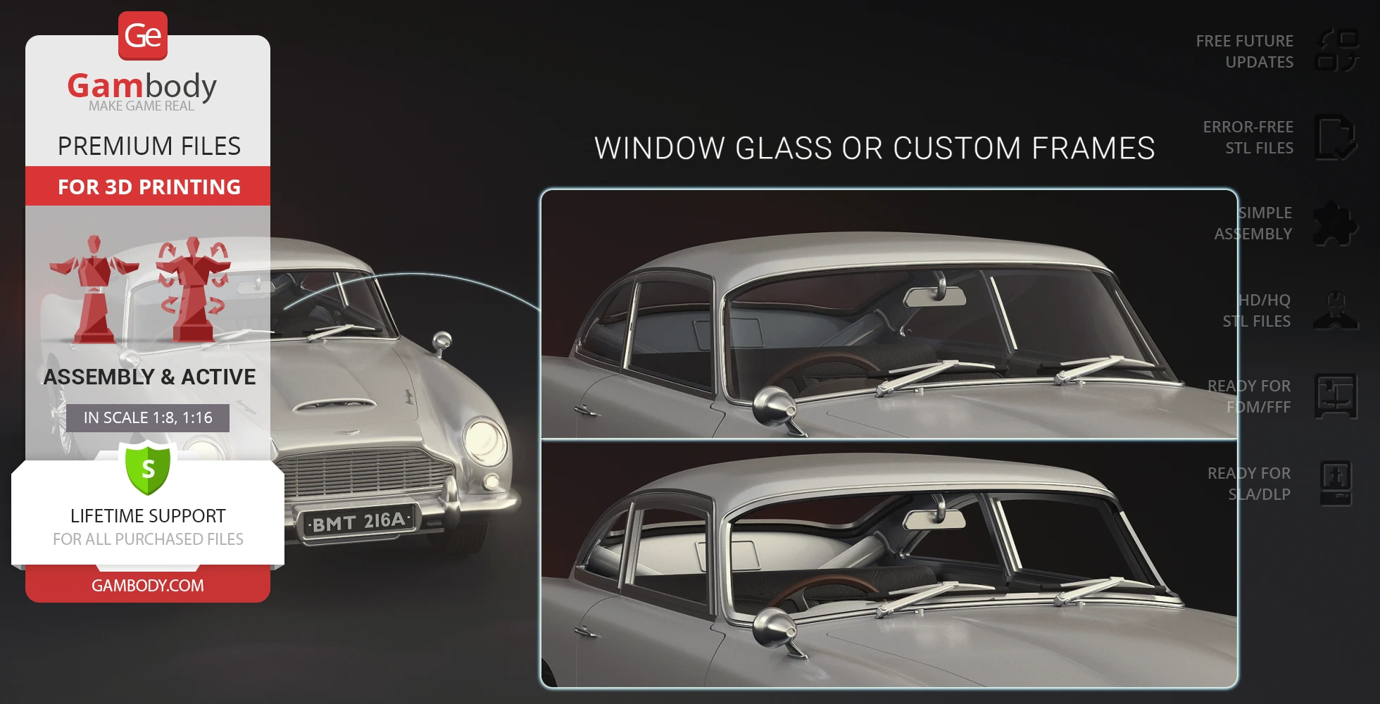 3D printable model of James Bond's Aston Martin DB5, featuring window glass and frame options.
