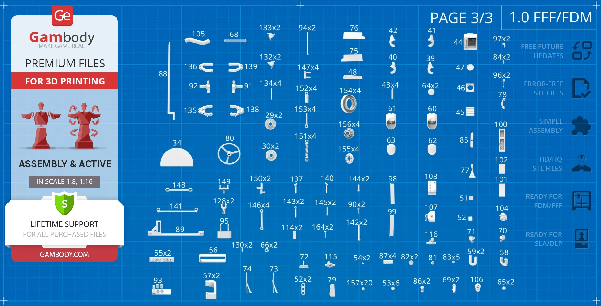 Blueprint-style layout of 3D printable parts for James Bond's Aston Martin DB5 model from Gambody.