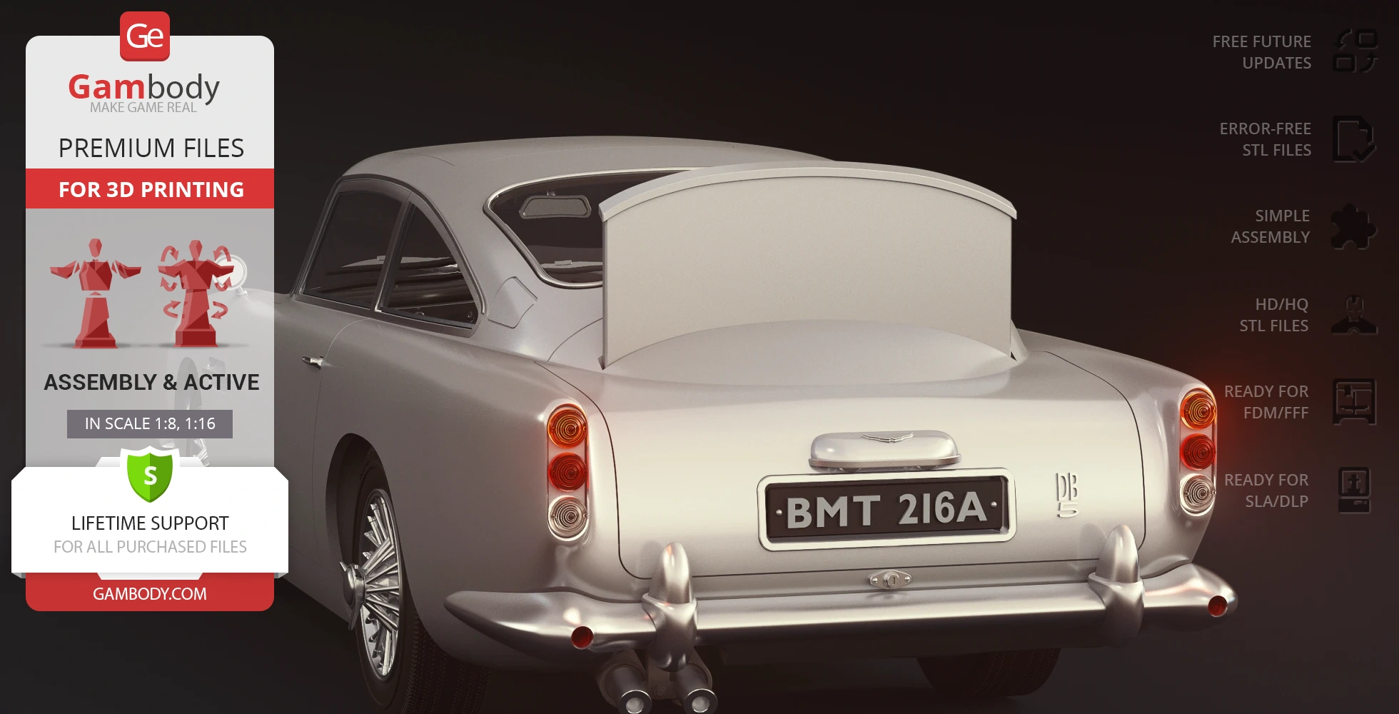 3D model of James Bond's Aston Martin DB5, trunk open, rear view, for 3D printing.