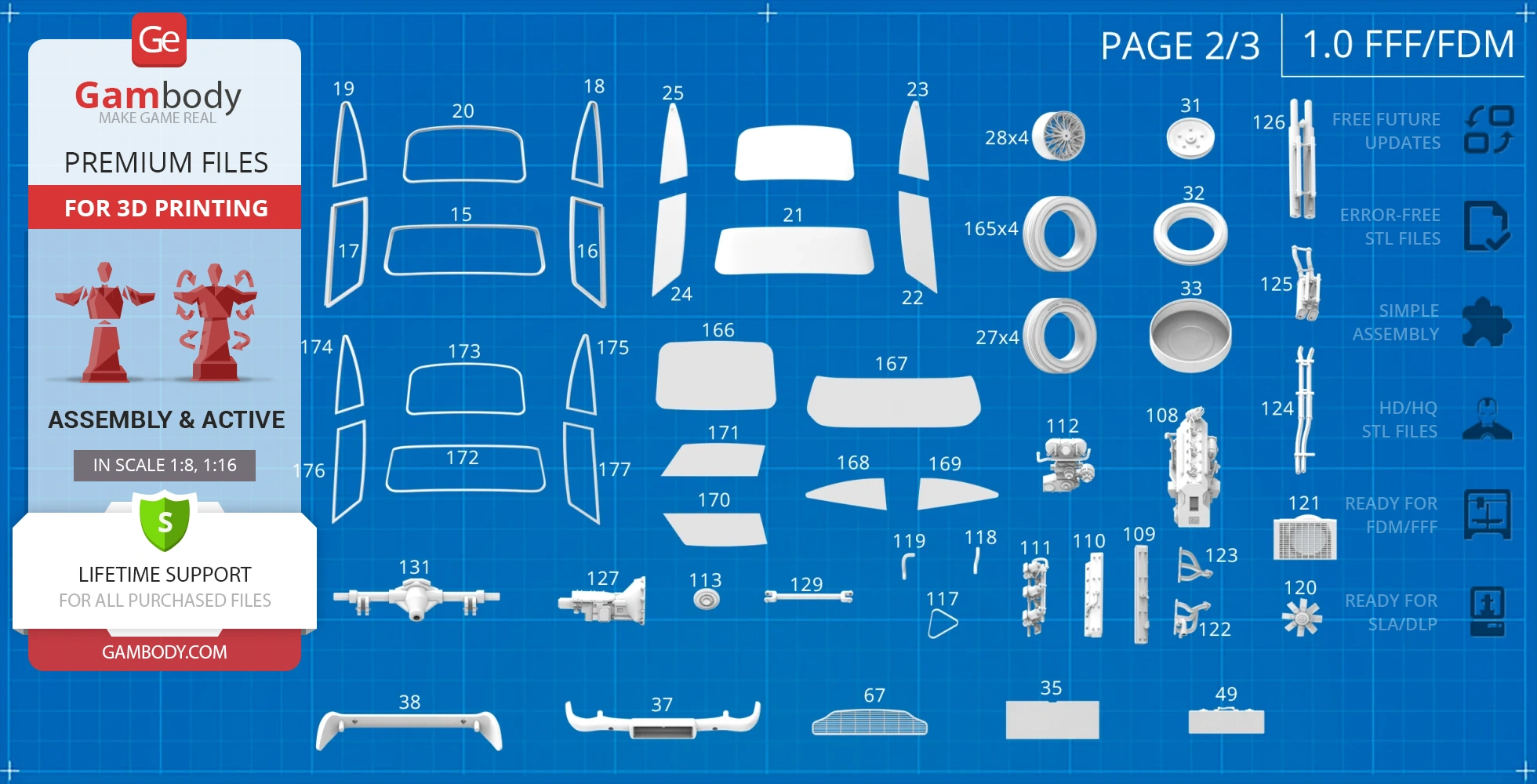 Blueprint layout of Aston Martin DB5 parts for 3D printing, with various labeled components.