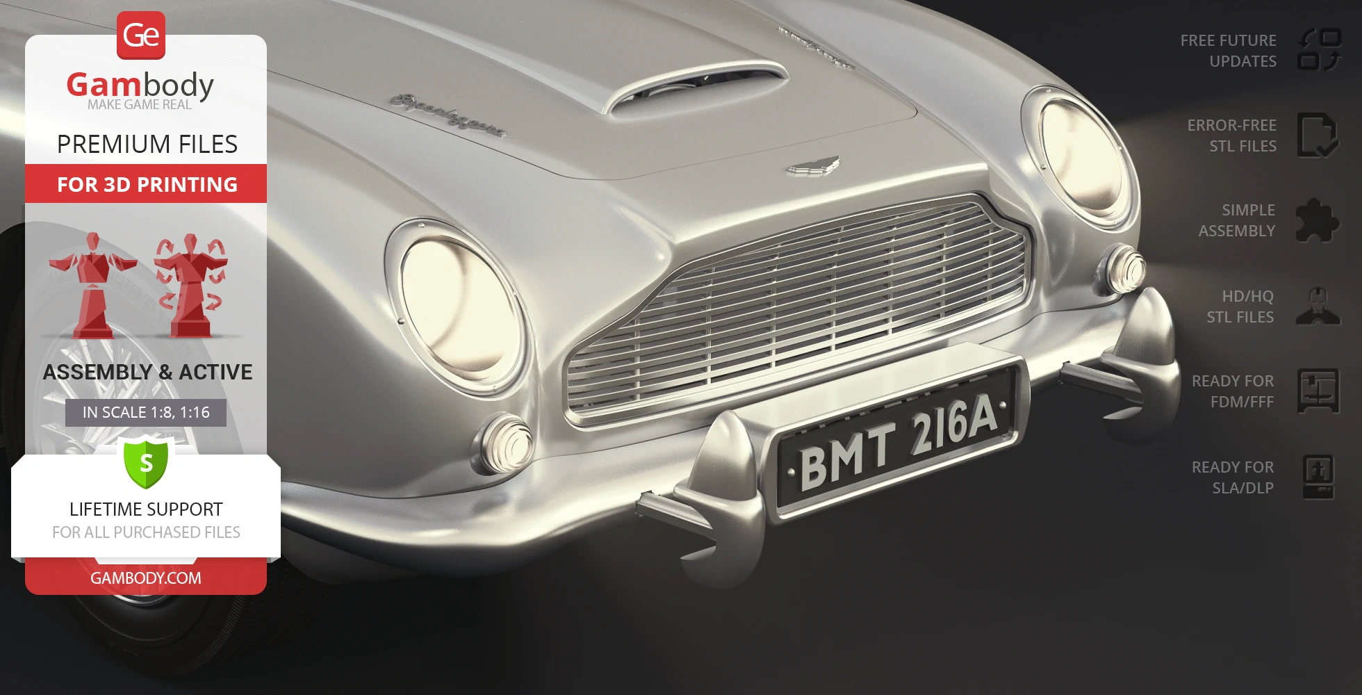 A detailed 3D printable model of a classic silver car front, featuring smooth curves and bright headlights.