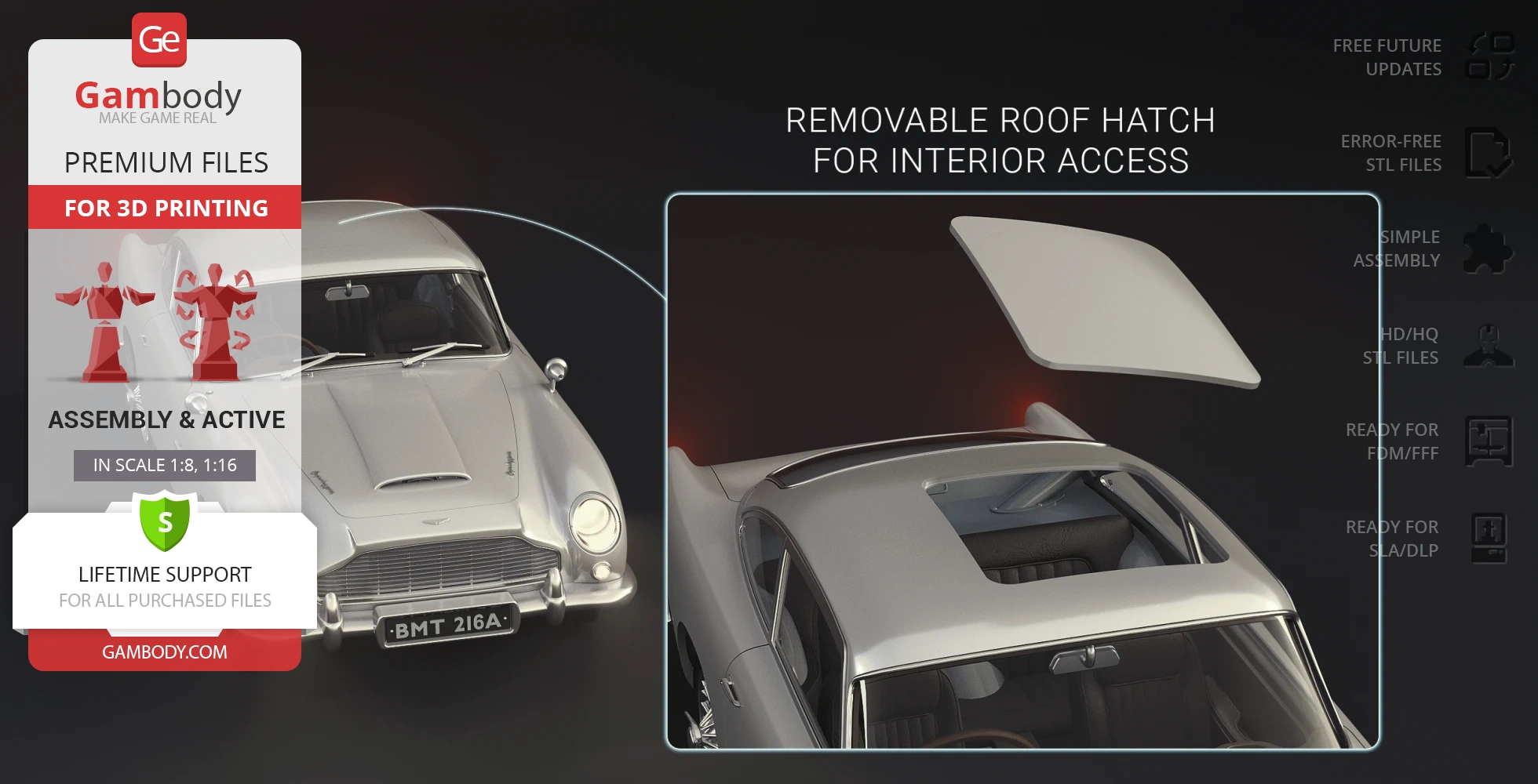 3D print model of James Bond's Aston Martin DB5 with removable roof hatch for interior access.