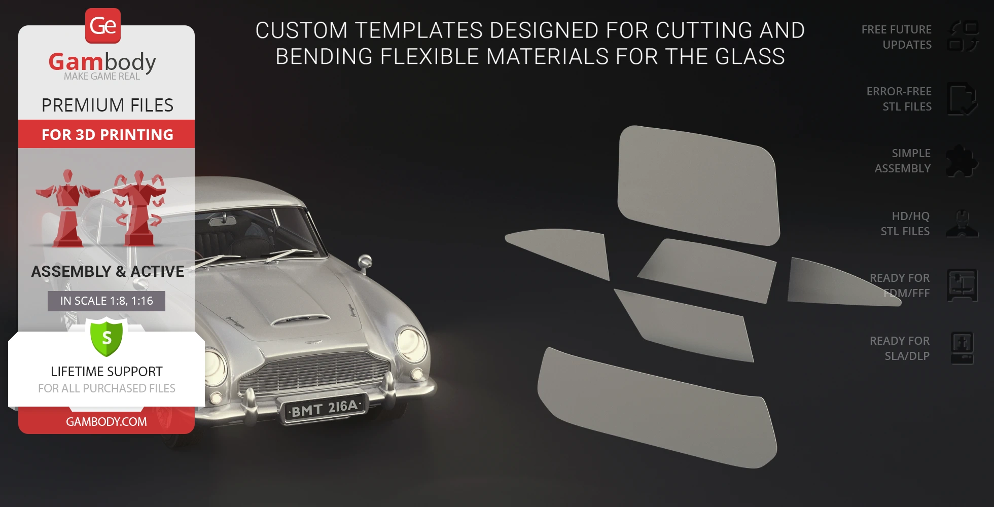 3D printable model of James Bond's Aston Martin DB5, showcasing assembly and flexibility templates.