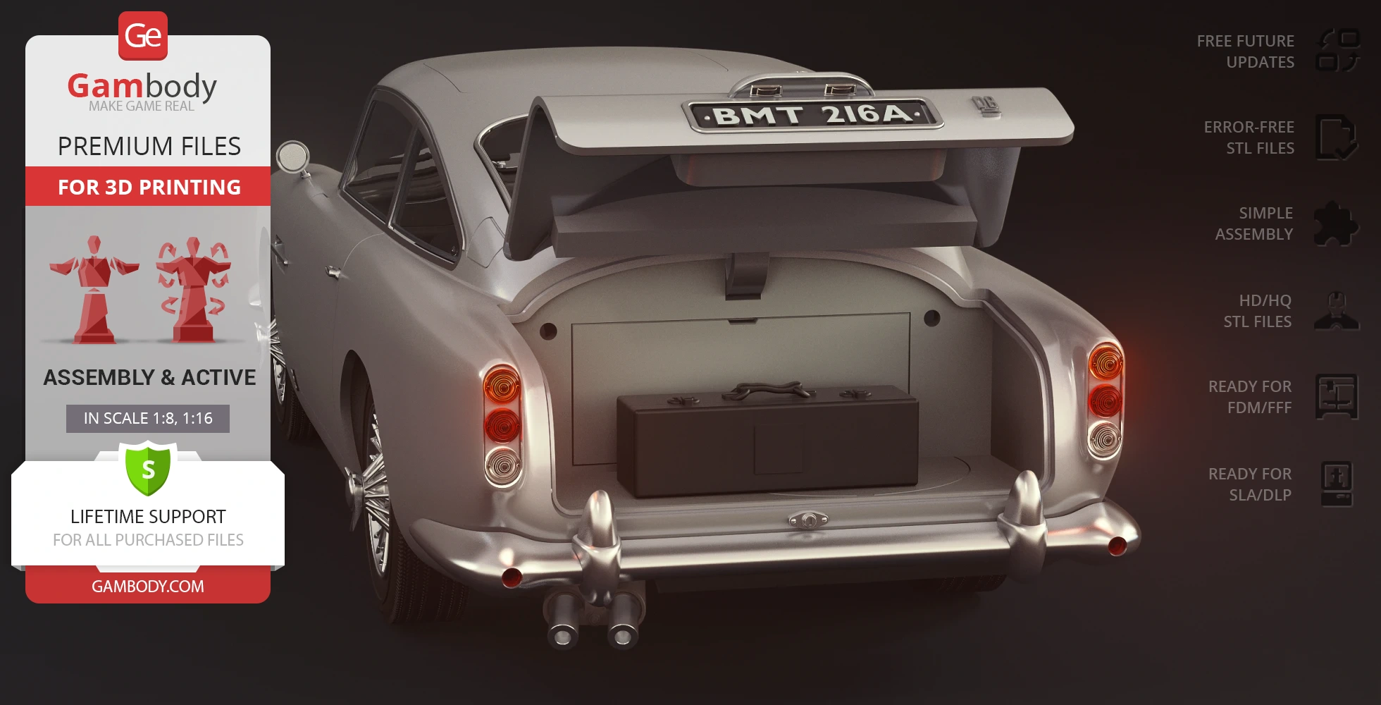 A 3D model of James Bond's Aston Martin DB5 rear view, trunk open, ready for 3D printing.