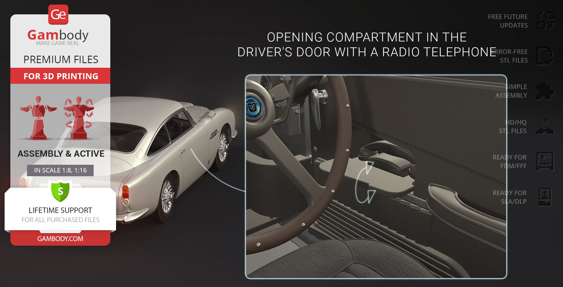 Model of James Bond's Aston Martin DB5, featuring a door compartment with a radio telephone.
