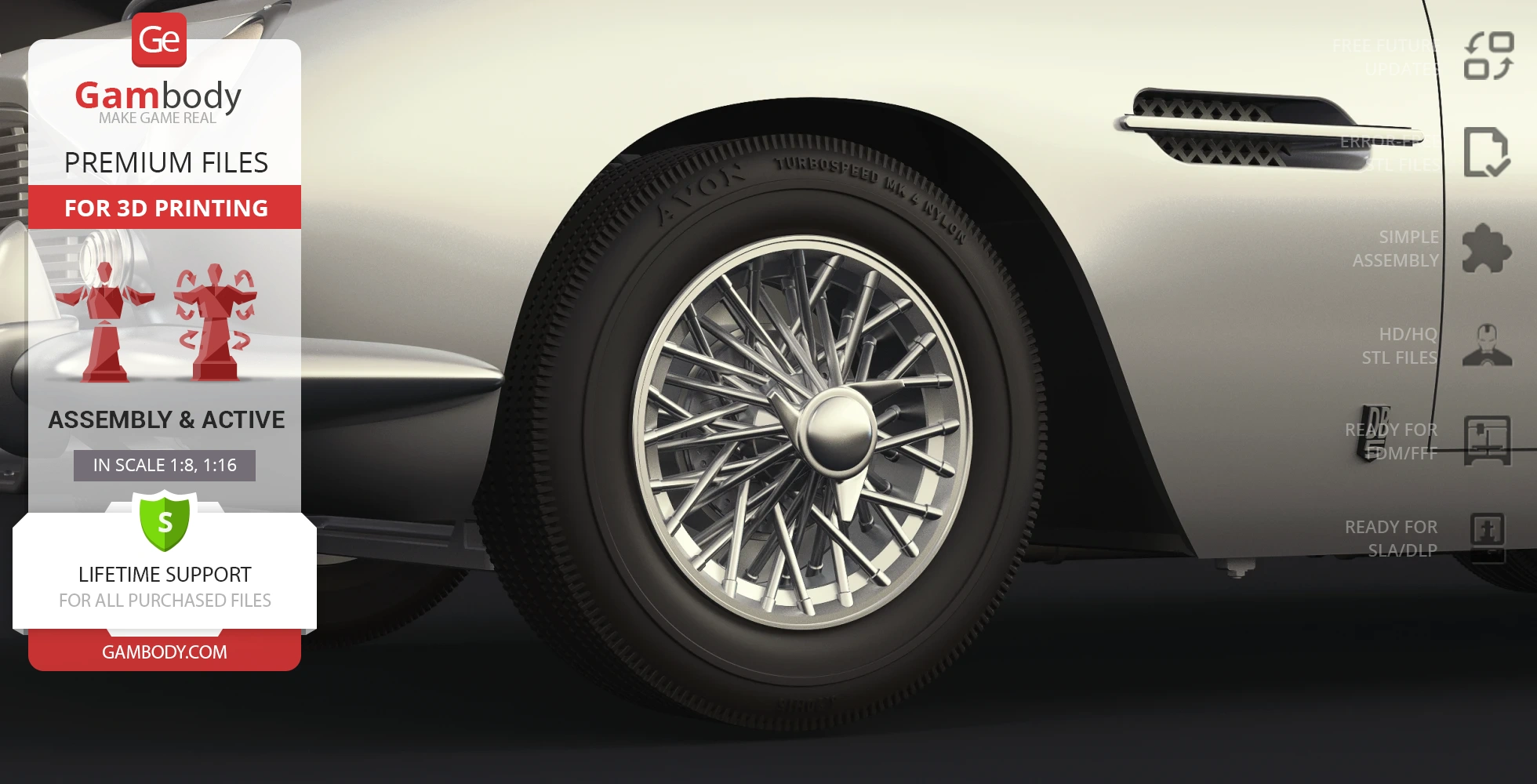 Close-up of a classic car's wire-spoked wheel, highlighting detailed 3D printing files for model assembly.