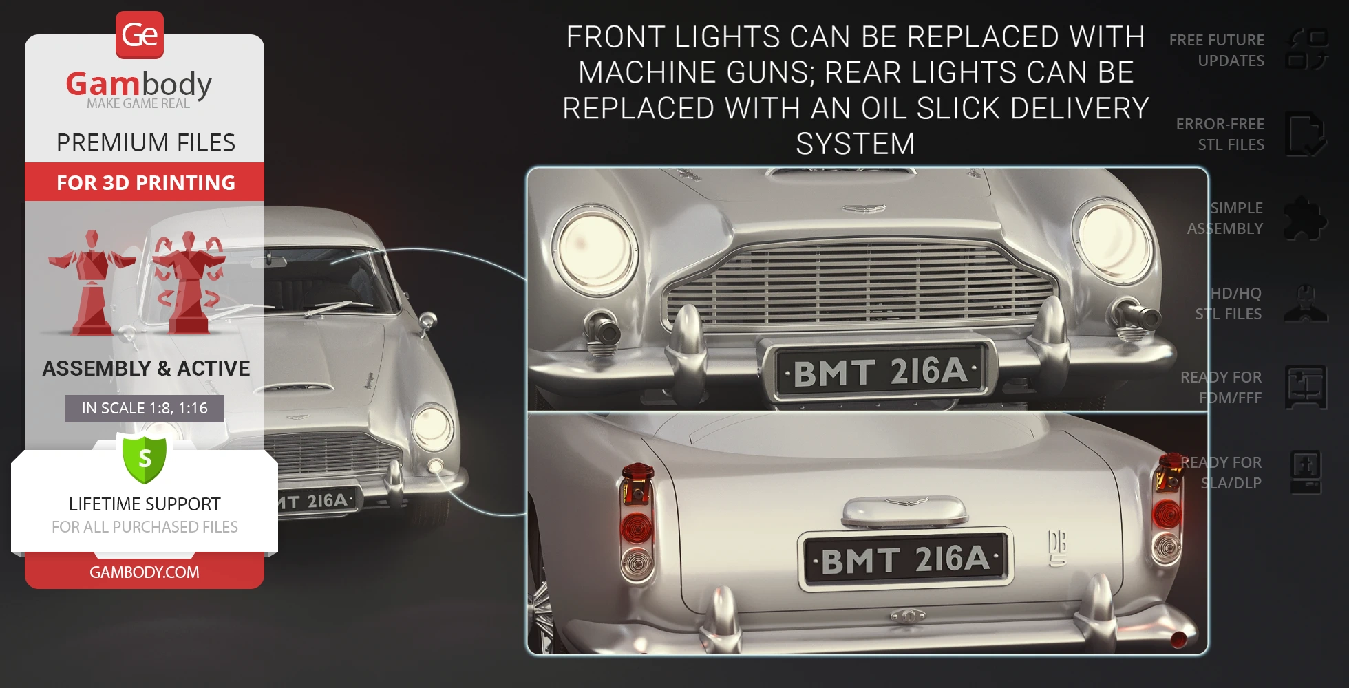 3D model of a classic Aston Martin DB5 with optional spy features for 3D printing.