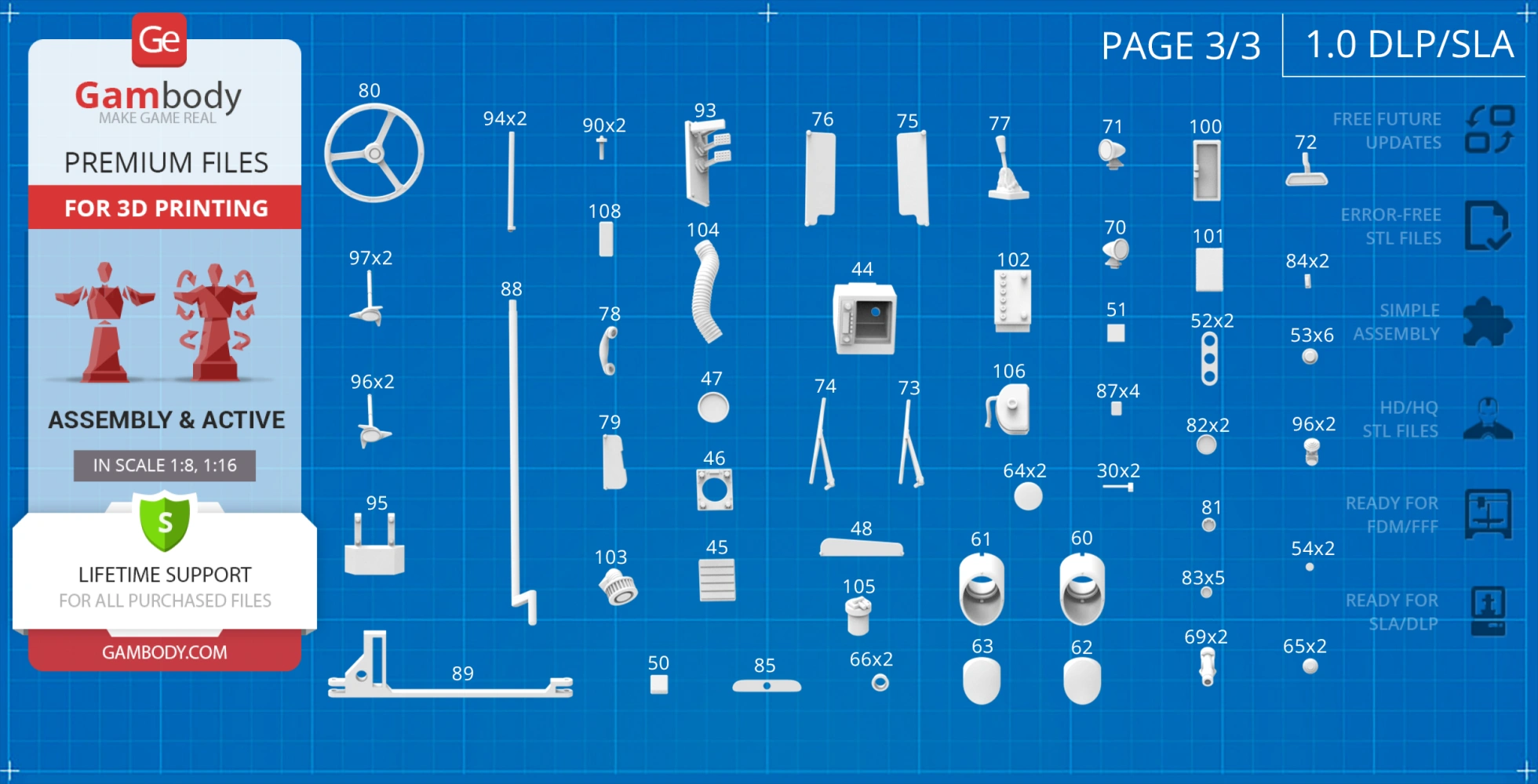 Blueprint of 3D printable parts for James Bond's Aston Martin DB5 by Gambody.